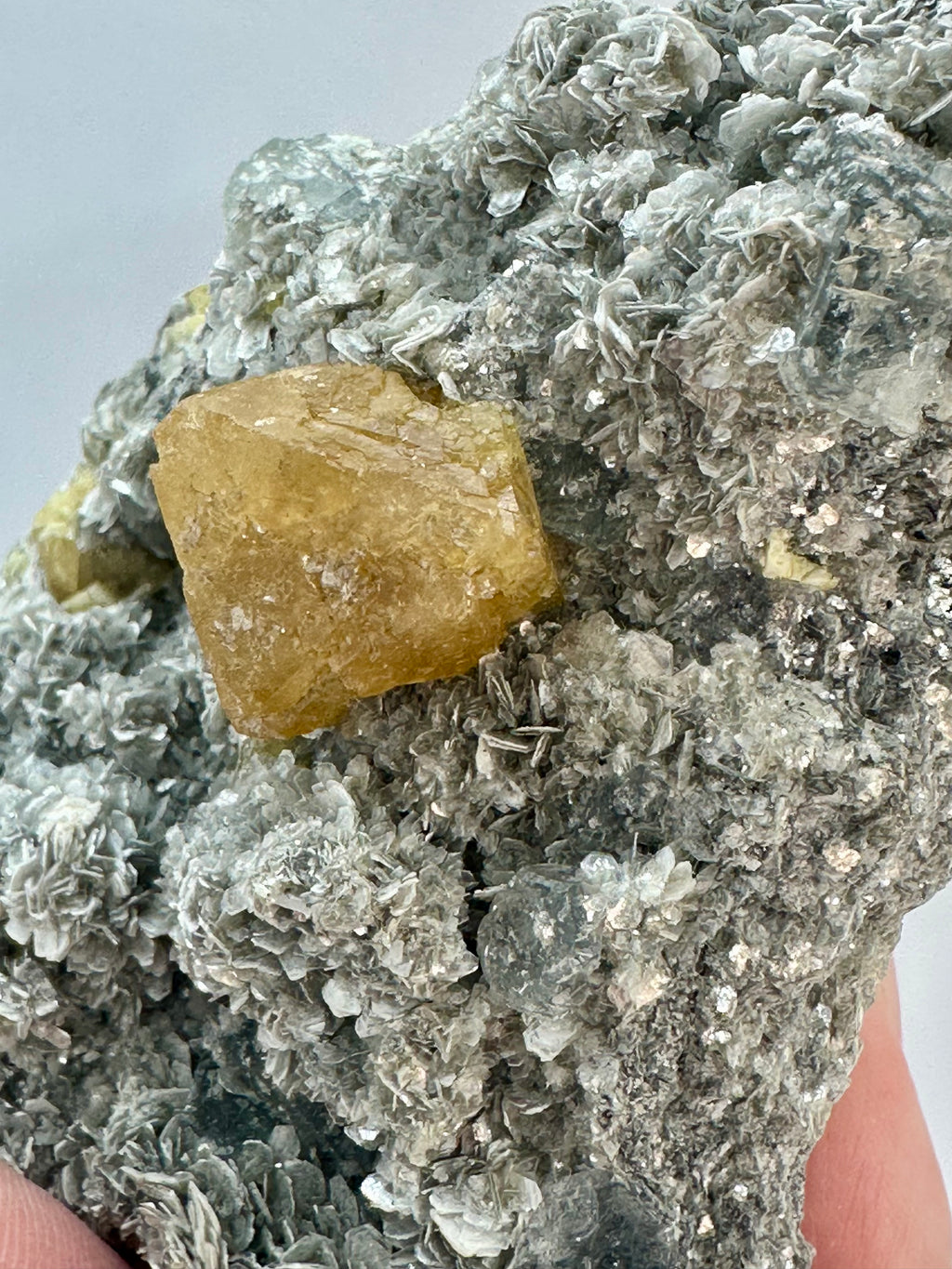 Clear Aquamarine, Golden Scheelite, and Silvery Muscovite from Mt. Xuebaoding, Pingwu County, Sichuan, China