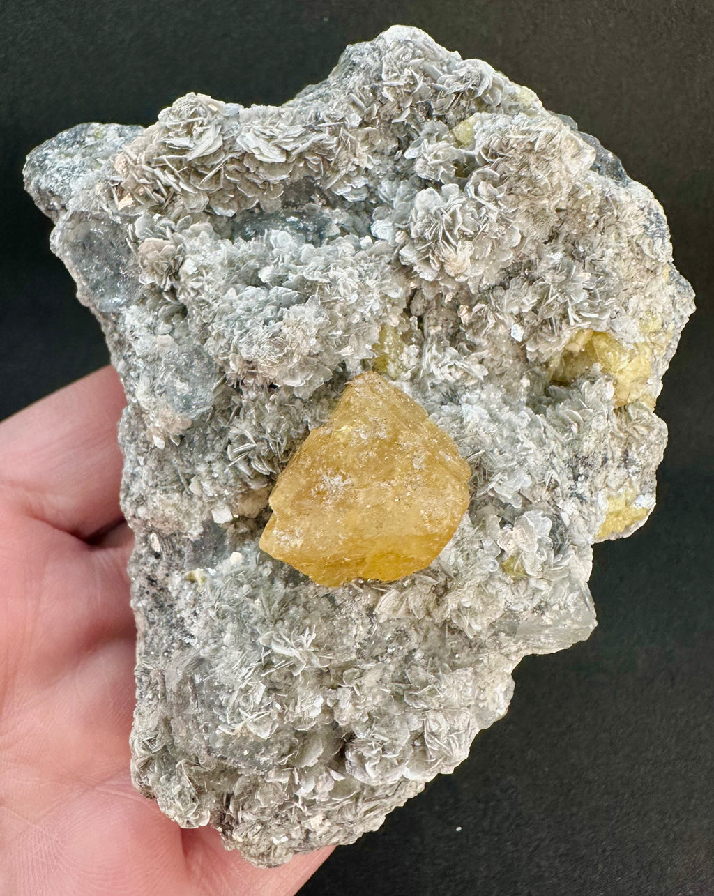 Clear Aquamarine, Golden Scheelite, and Silvery Muscovite from Mt. Xuebaoding, Pingwu County, Sichuan, China