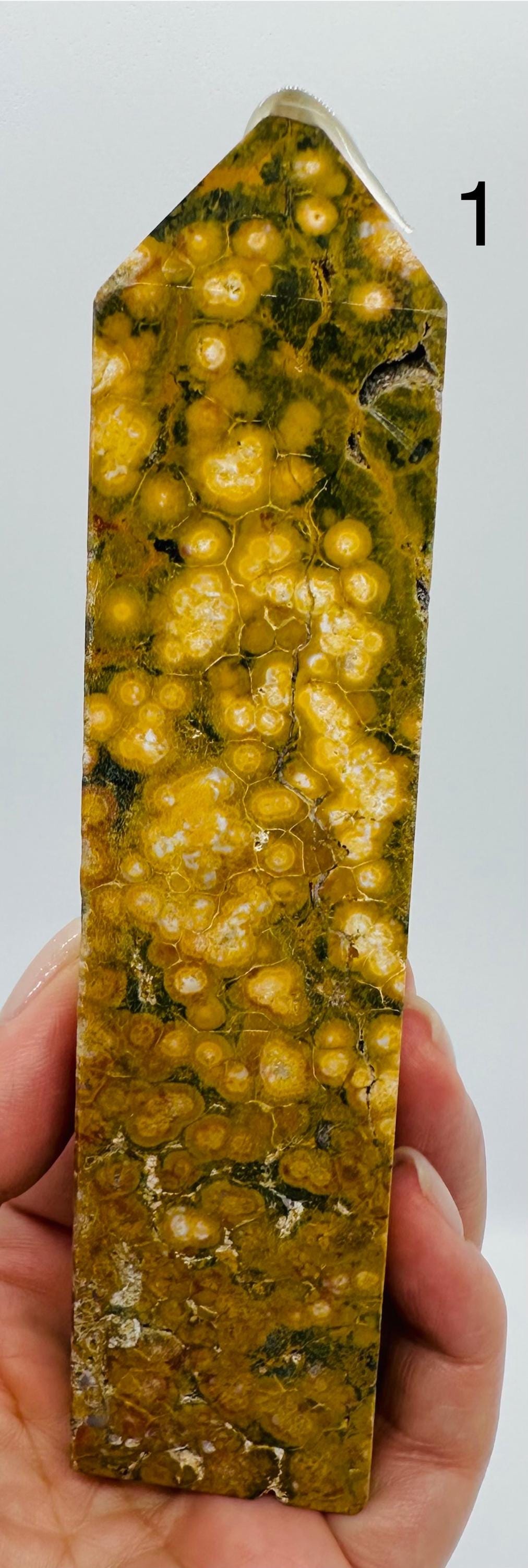 Sun-Kissed Serenity: Rare Yellow Kambaby Ocean Jasper Tower with Green, Pink and  White Zones