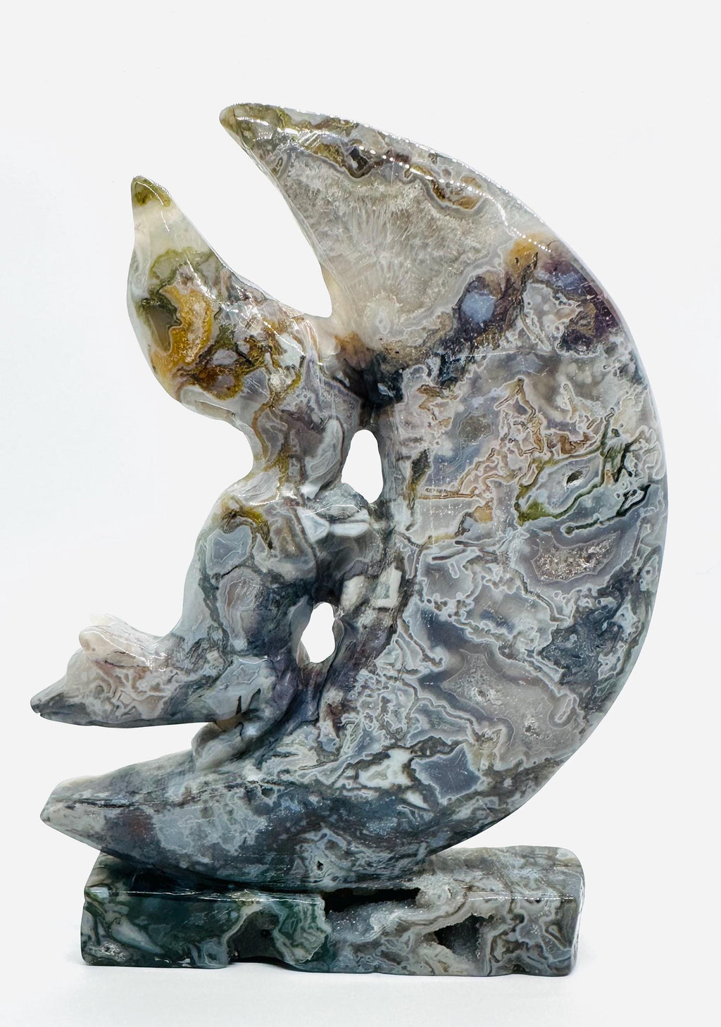 683 Grams One of a Kind Whimsical Wisdom: Fox in the Moon Colorful Moss Agate Carving