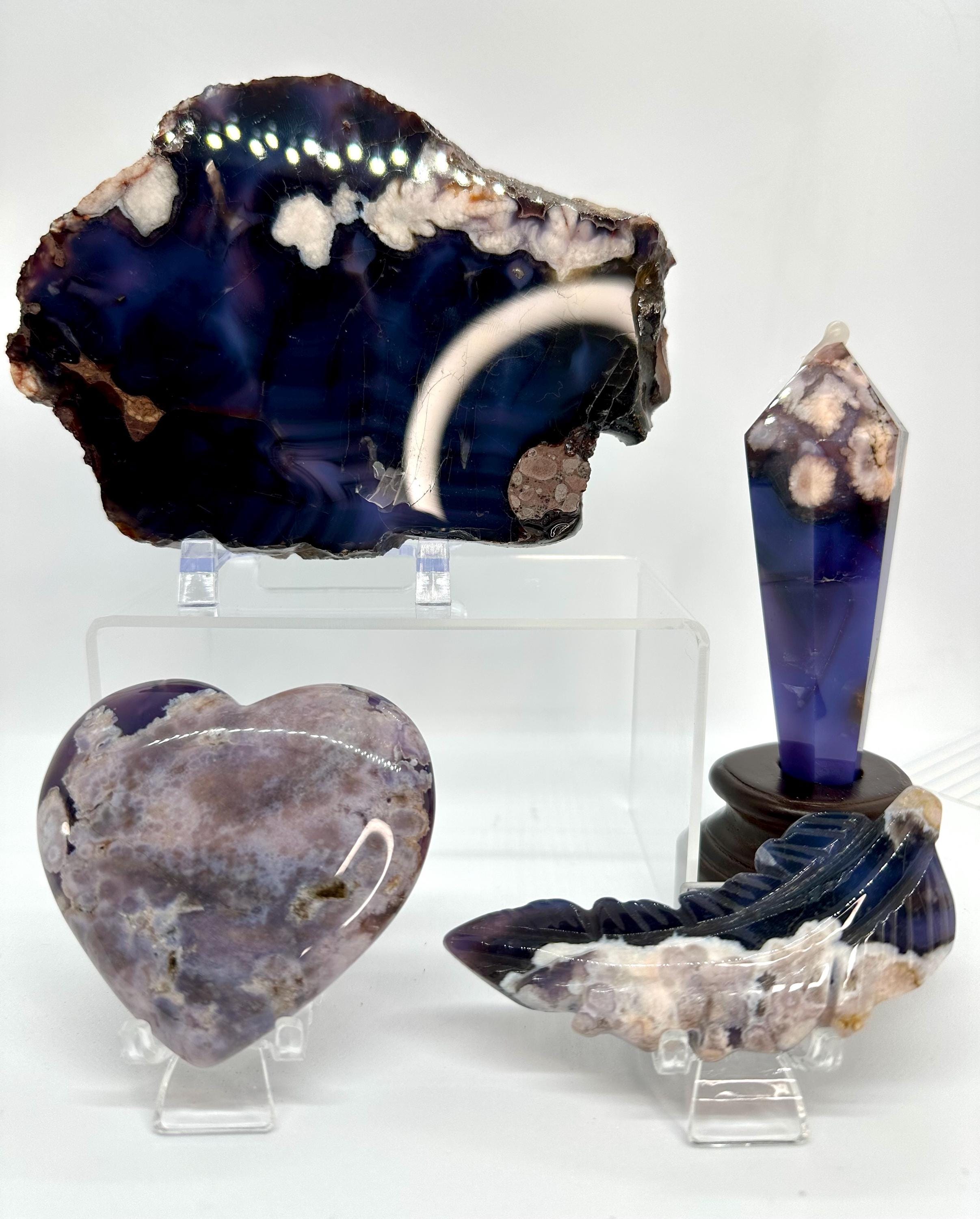 Dark Blue Flower Agate Set — Slab, Heart, Feather Carving & Wand with Acacia Stand