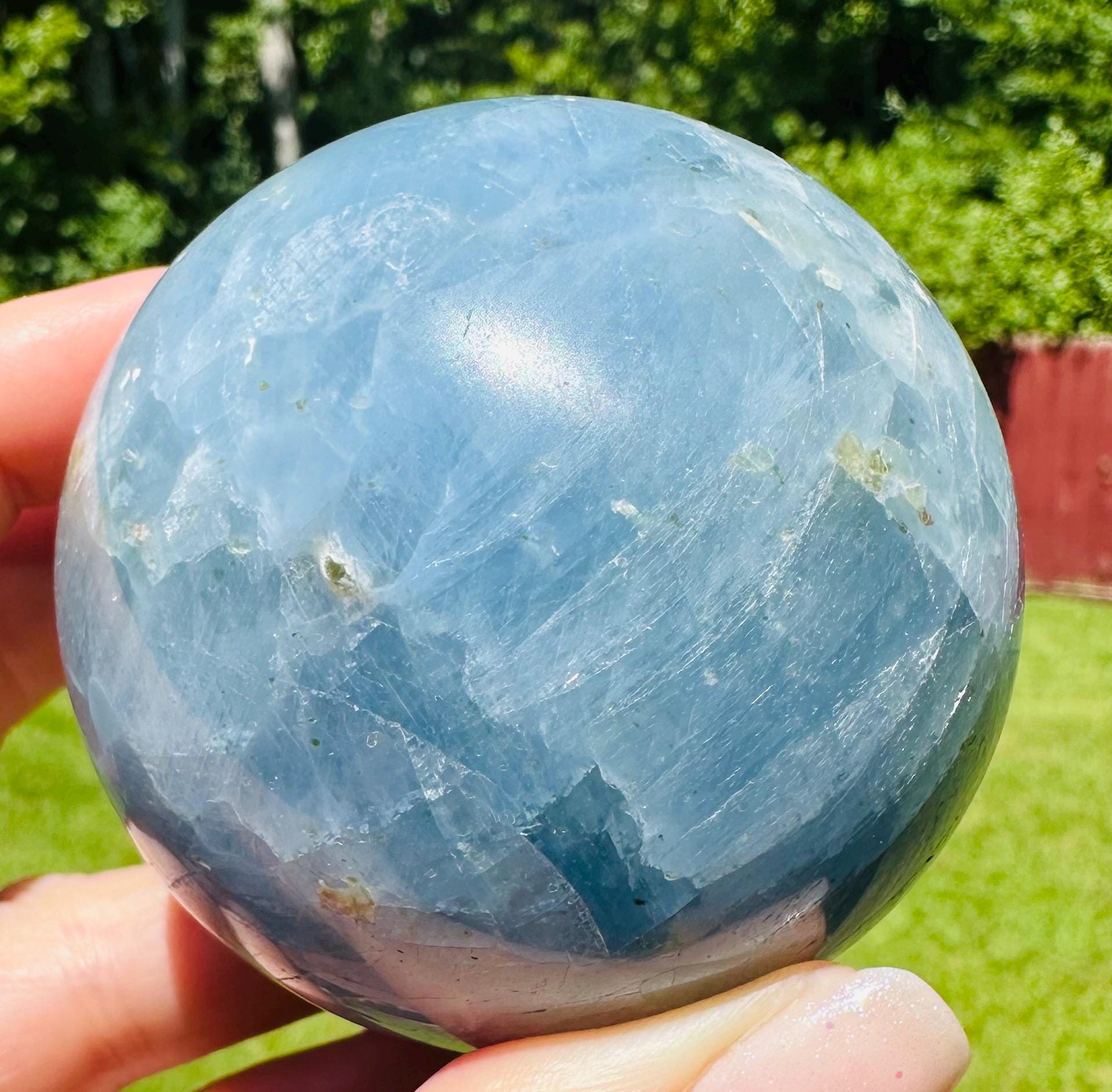402 grams  / 65mm Blue Calcite Harmony Set: Polished Sphere & Energy Point