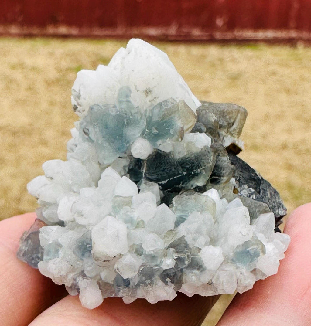 49 Grams Candle Quartz with light Blue-Greenish cubic Fluorite over Arsenopyrite from Inner Mongolia