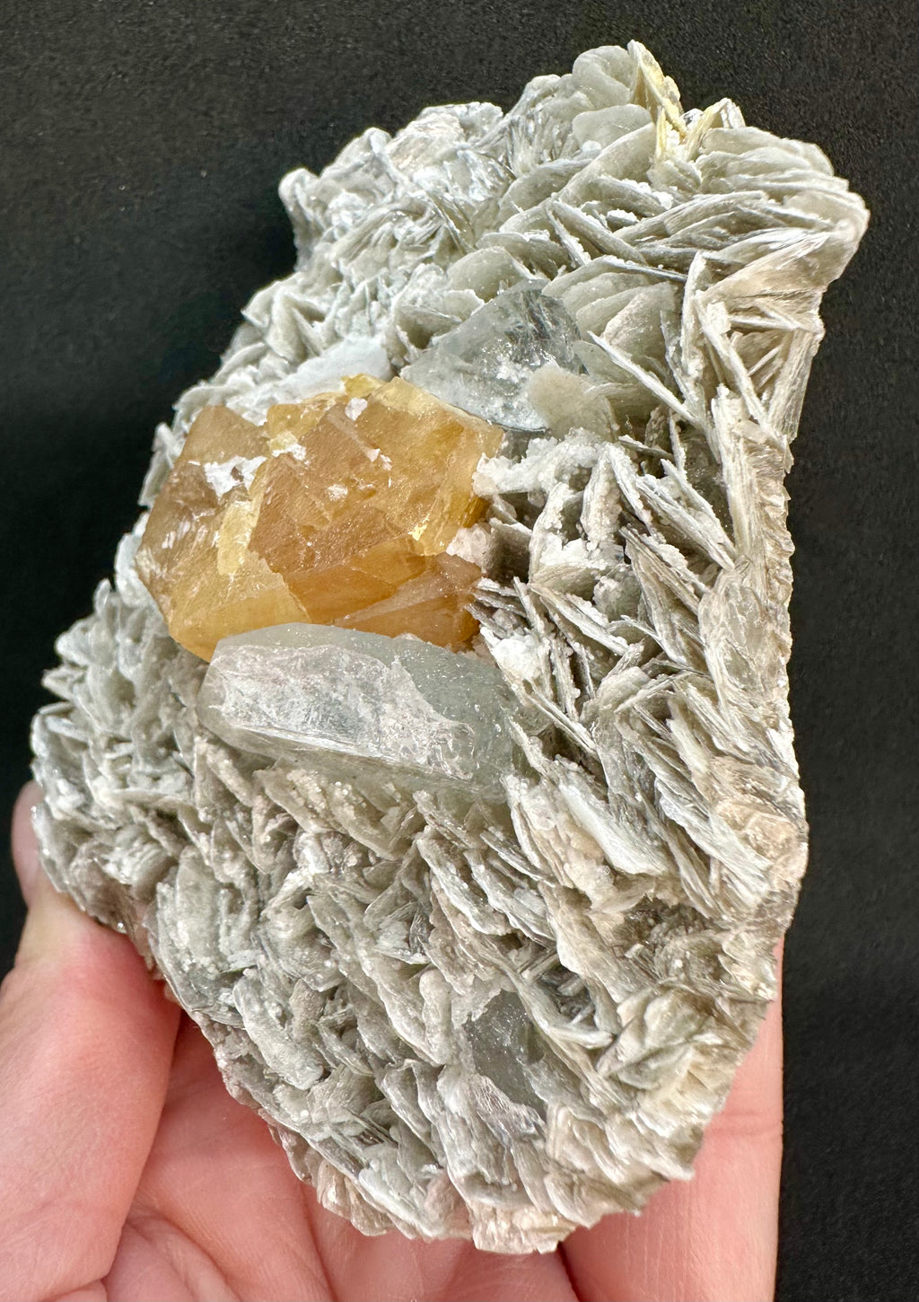 Golden Scheelite & Clear Aquamarine on Muscovite Blades, Mt. Xuebaoding, Sichuan Province, China