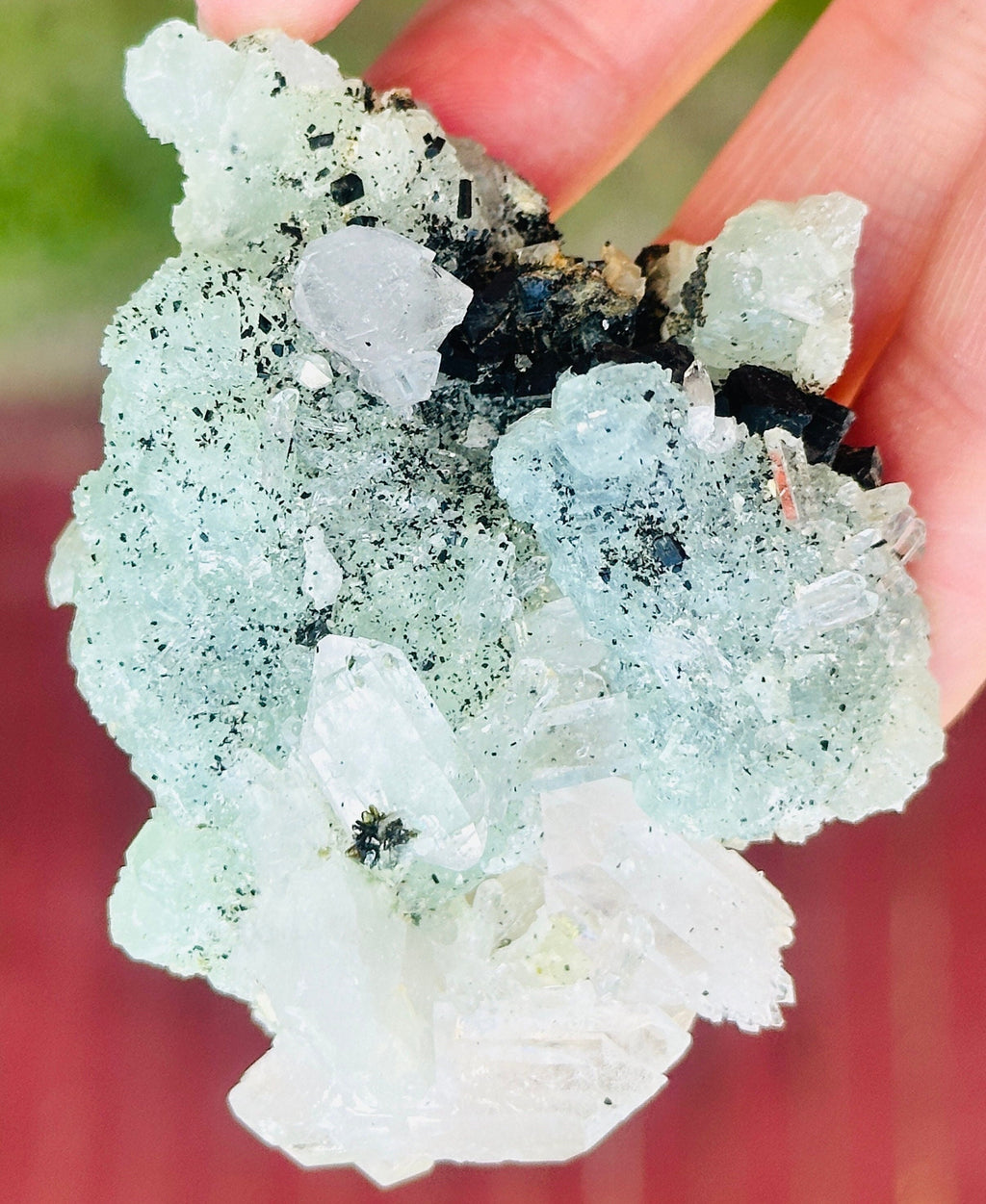 90 Grams of Babingtonite on Prehnite and ET and DT Clear Quartz Points from Qiaojia, Yunnan Province, China