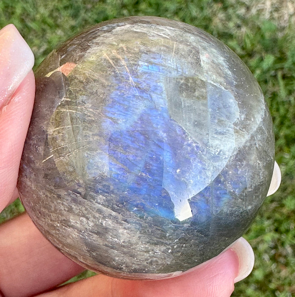 Black Moonstone Sphere with Blue Flash & Rainbow Fire, Madagascar