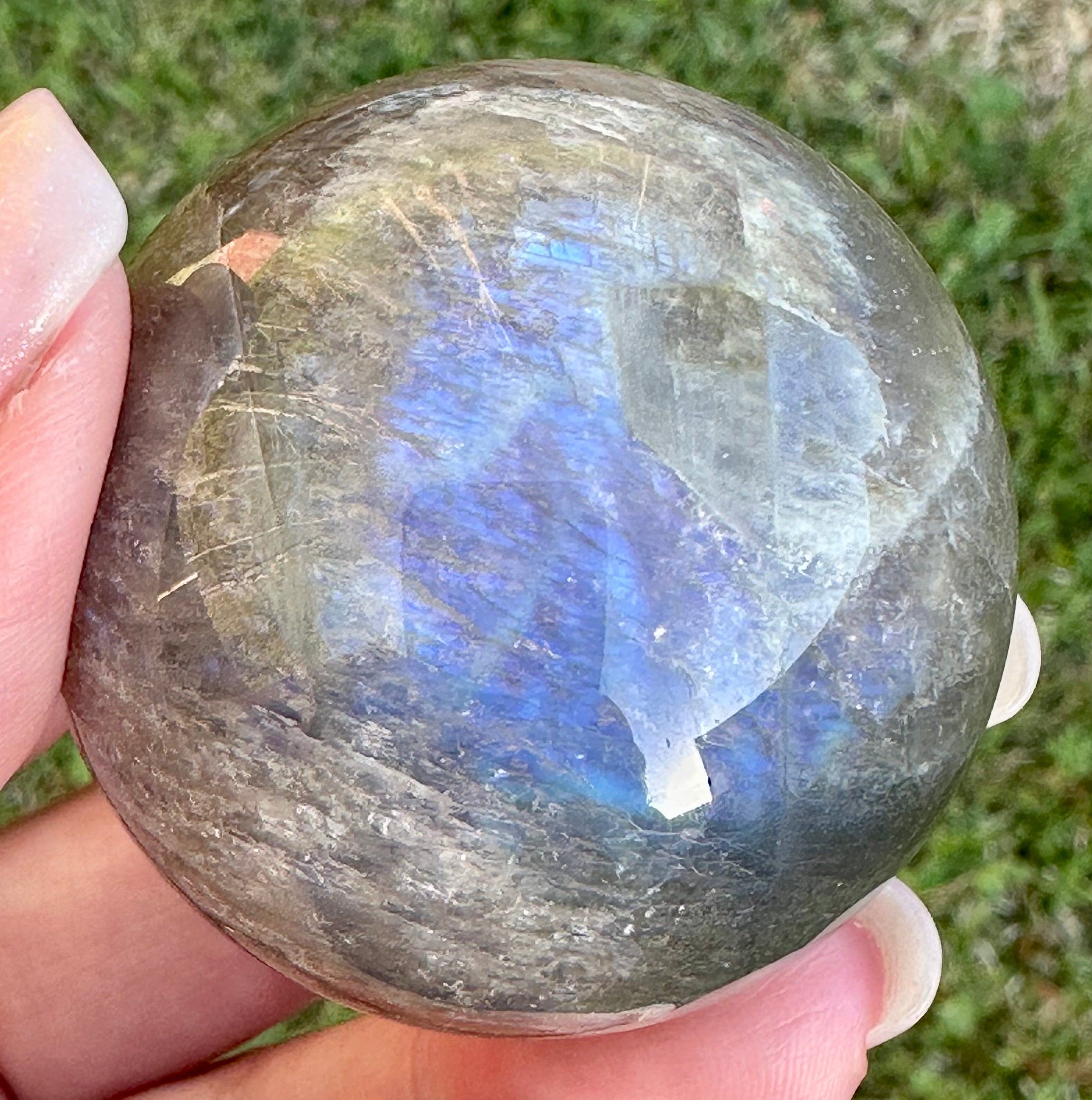Black Moonstone Sphere with Blue Flash & Rainbow Fire, Madagascar