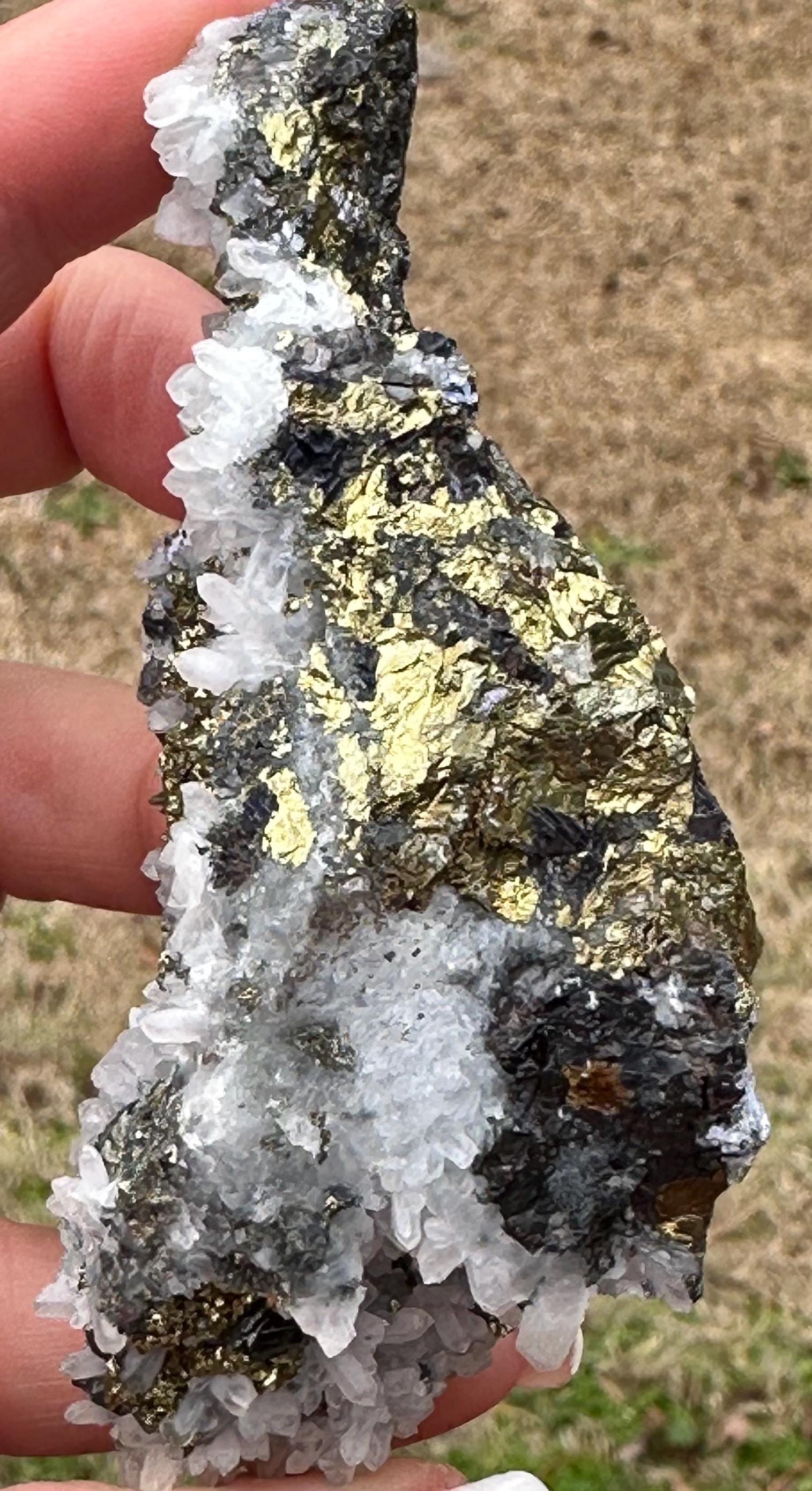 175 Grams unique Chalcopyrite Pseudomorph after Sphalerite with Quartz Crystals from Huanza Mine in Peru