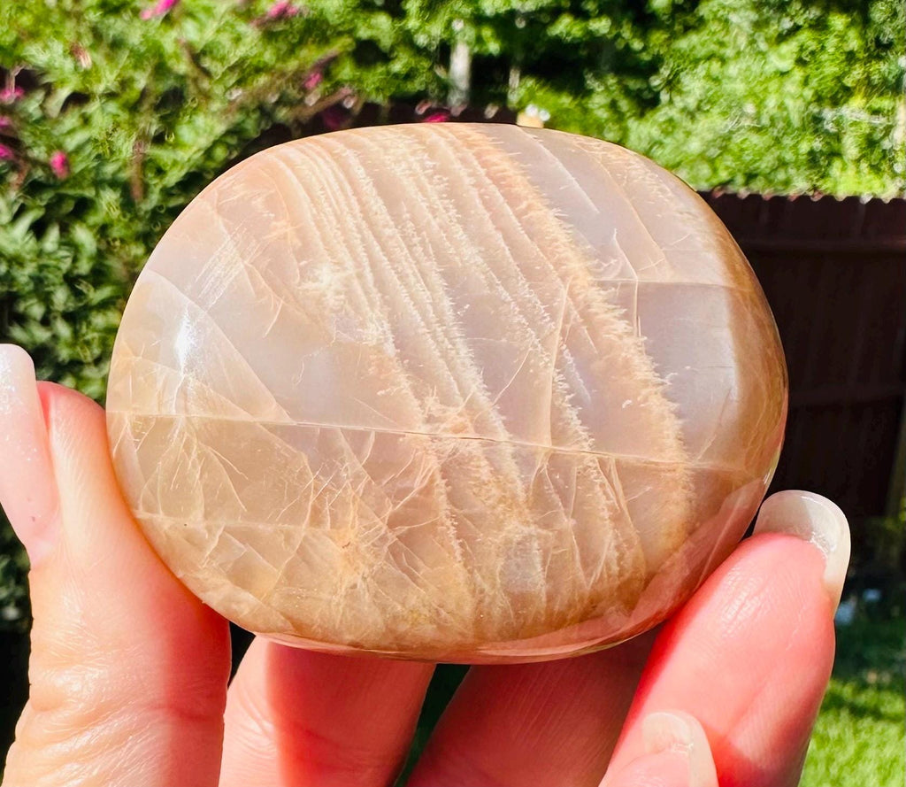 509 Grams of Harmonious Duo: Peach Moonstone Sphere & Flashing Palm Stone Set
