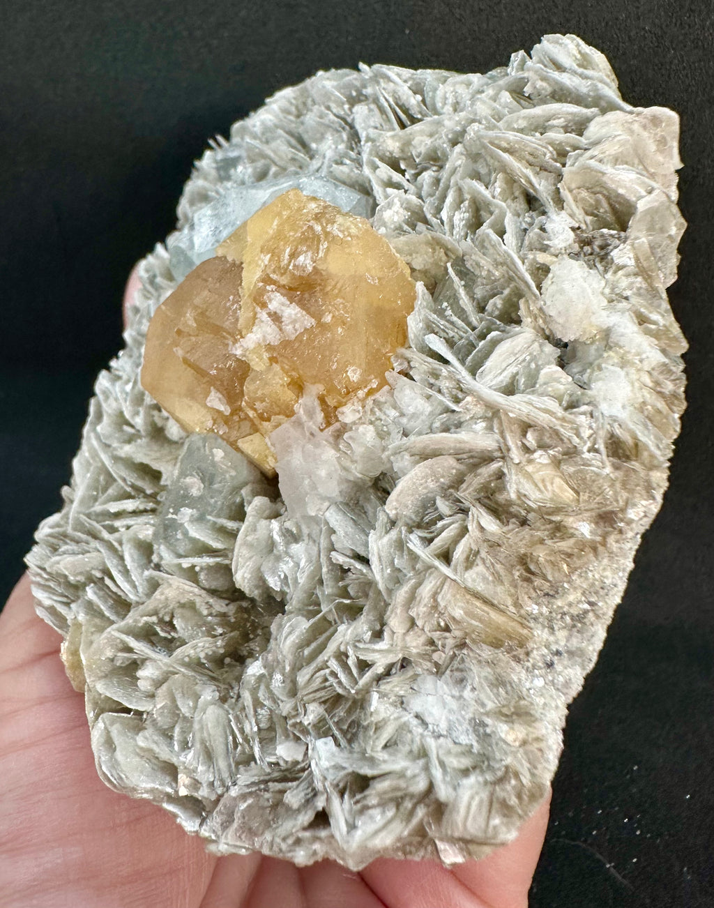 Golden Scheelite & Clear Aquamarine on Muscovite Blades, Mt. Xuebaoding, Sichuan Province, China