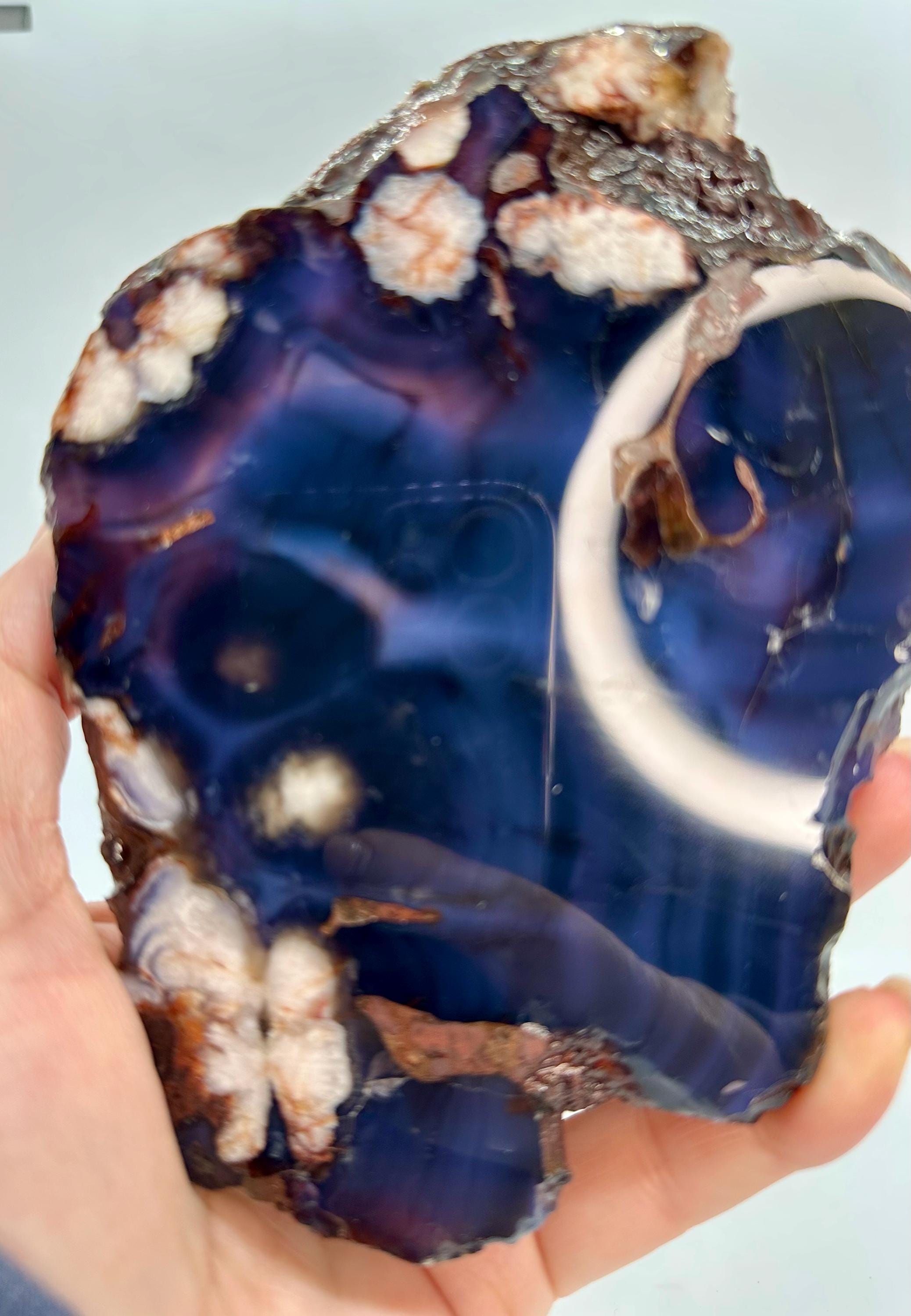 Dark Blue Flower Agate Set — Slab, Heart, Feather Carving & Wand with Acacia Stand