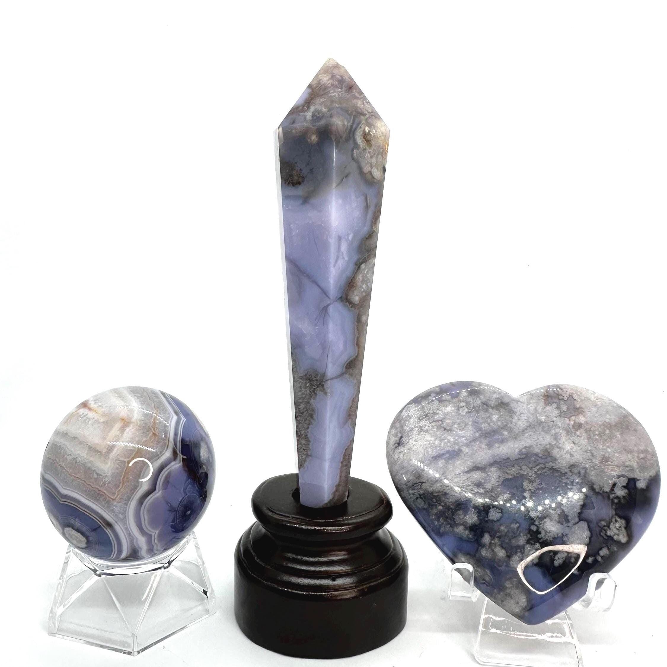 Blue Flower Agate Heart, Sphere & Wand Set with Acacia Stand from Madagascar