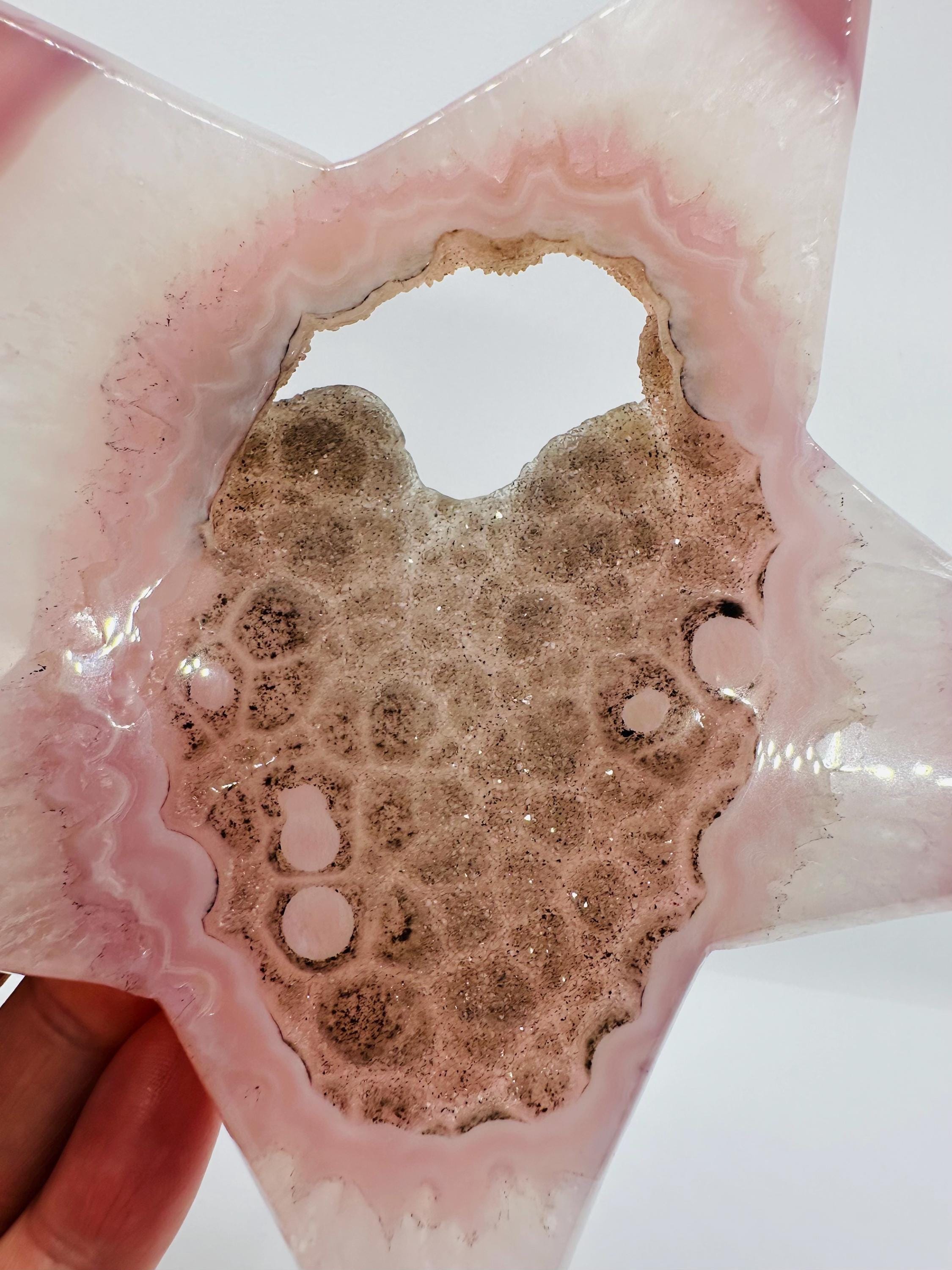 275 Grams Sparkling Pink Agate Star with Druzy & NATURAL Hollandite Stars! (with custom wooden stand)