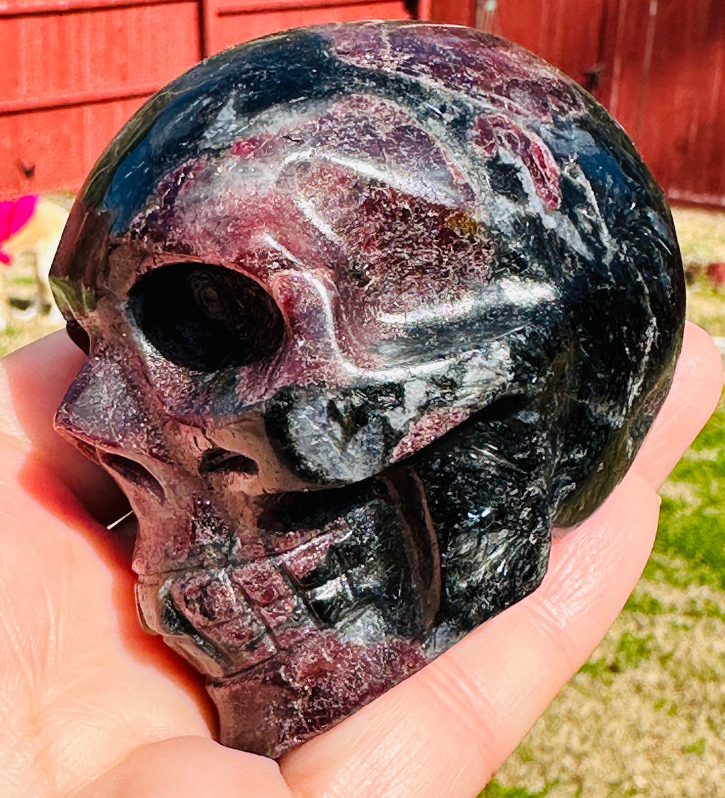 450 Grams Power House of Garnet in Arfvedsonite Skull Carving
