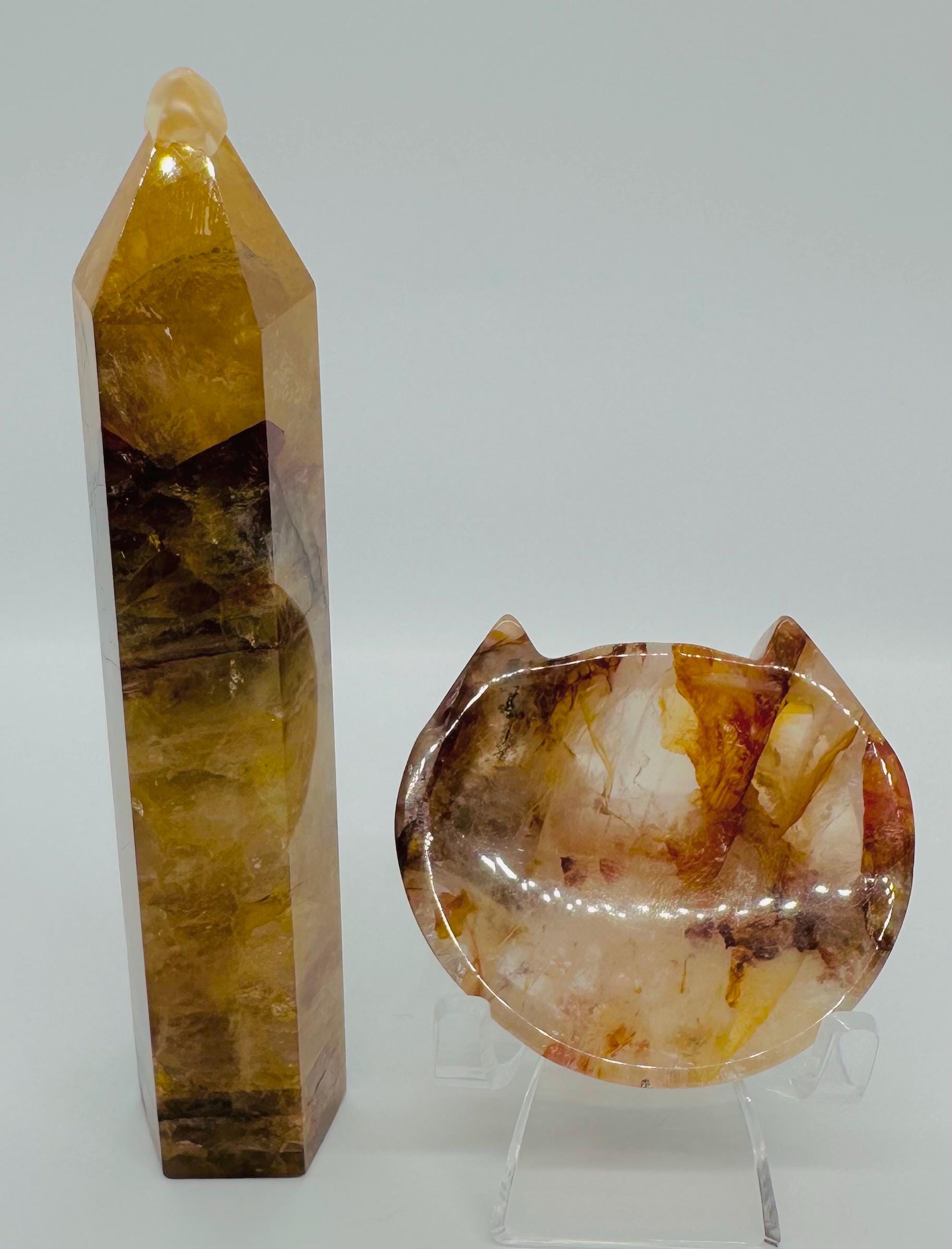 Golden Healer & Fire Quartz Crystal Duo - Point and Cat mini Bowl Set