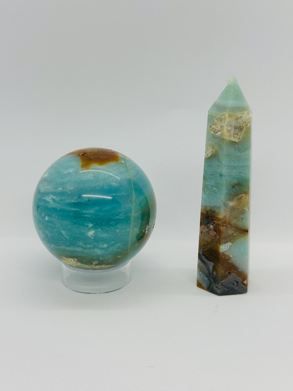 Caribbean Dream Duo: Vibrant Caribbean Calcite Sphere & Soothing Point Set; The Dream Weaver's Orb from Pakistan