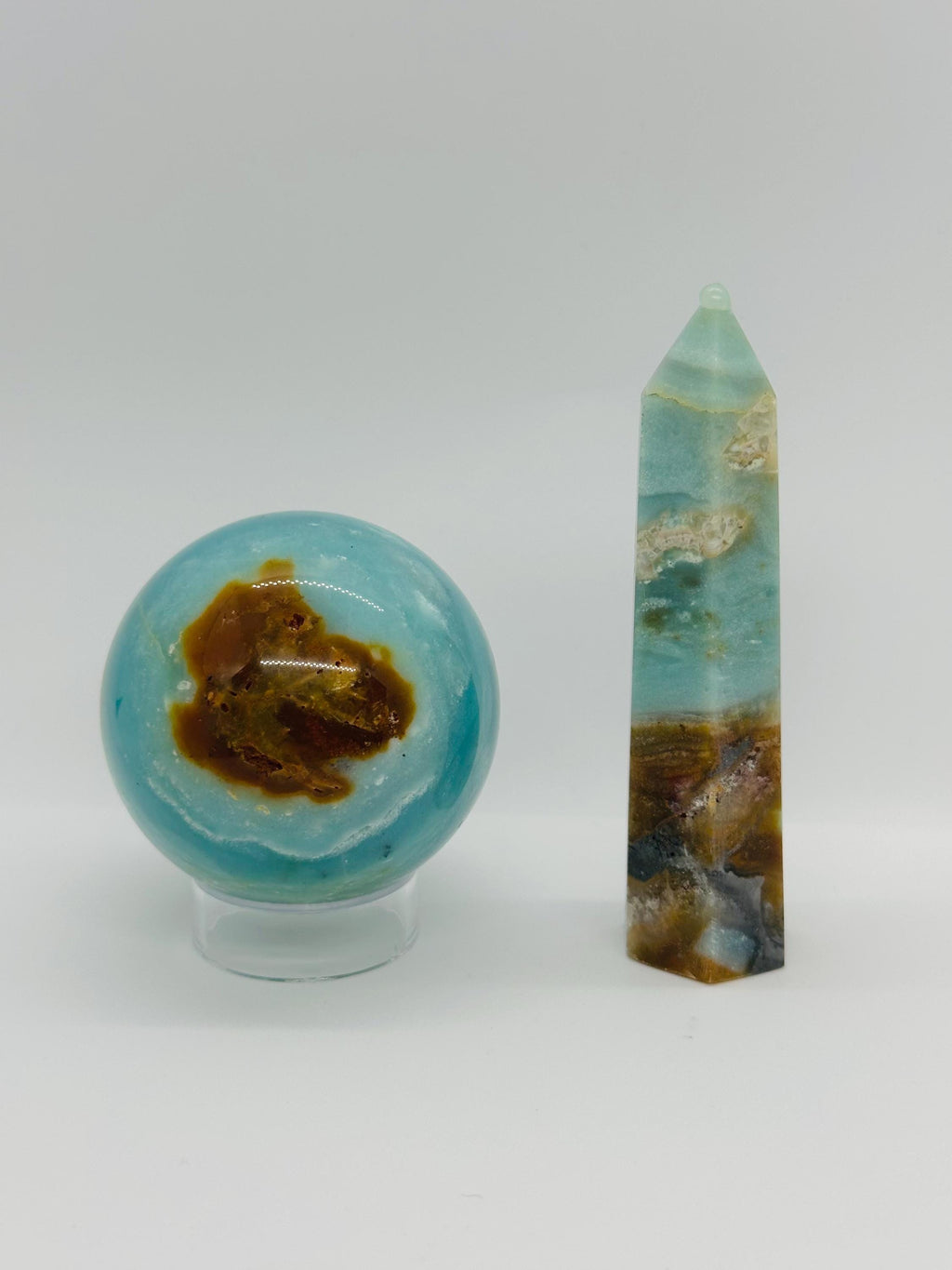 Caribbean Dream Duo: Vibrant Caribbean Calcite Sphere & Soothing Point Set; The Dream Weaver's Orb from Pakistan