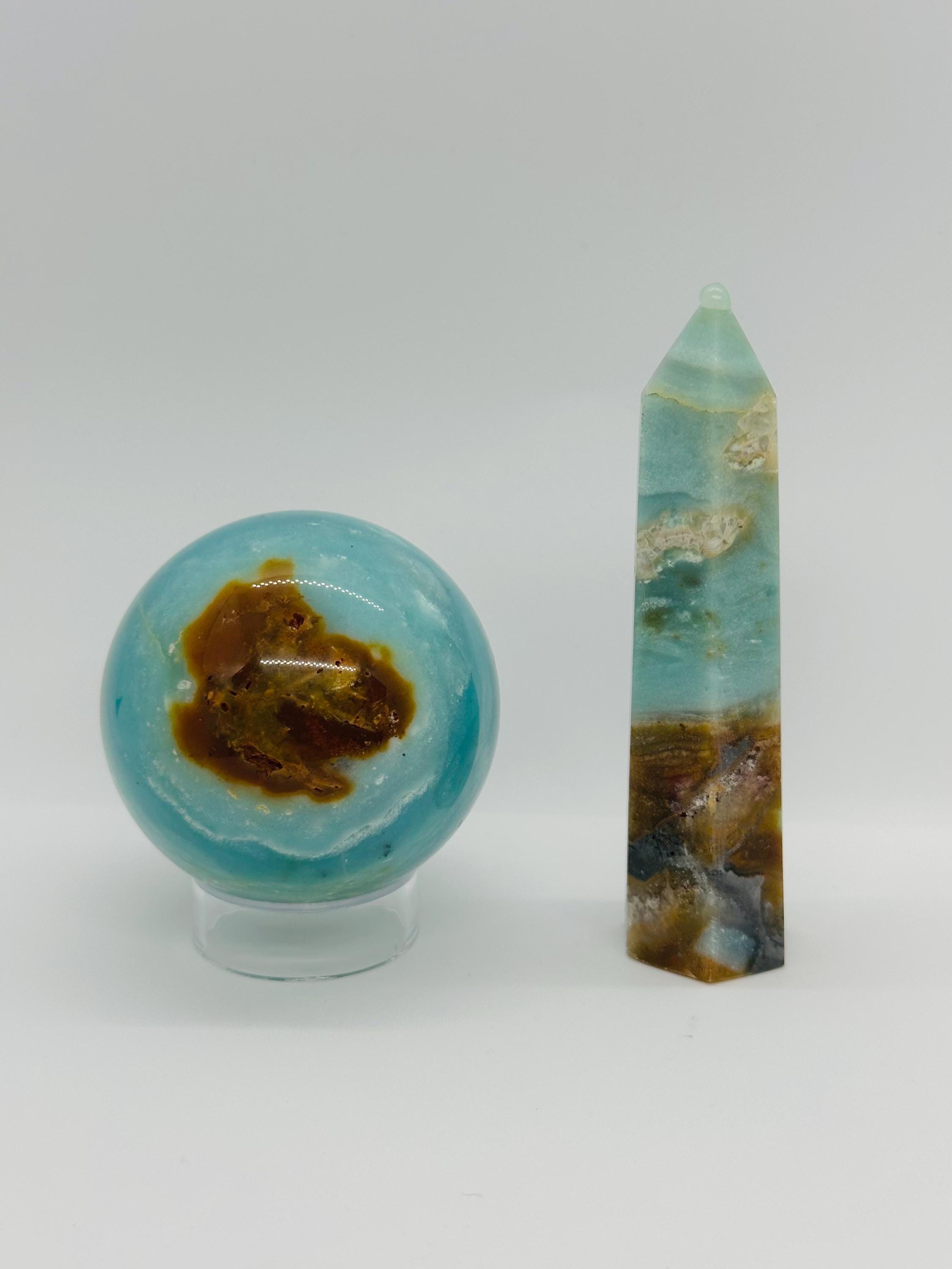 Caribbean Dream Duo: Vibrant Caribbean Calcite Sphere & Soothing Point Set; The Dream Weaver's Orb from Pakistan