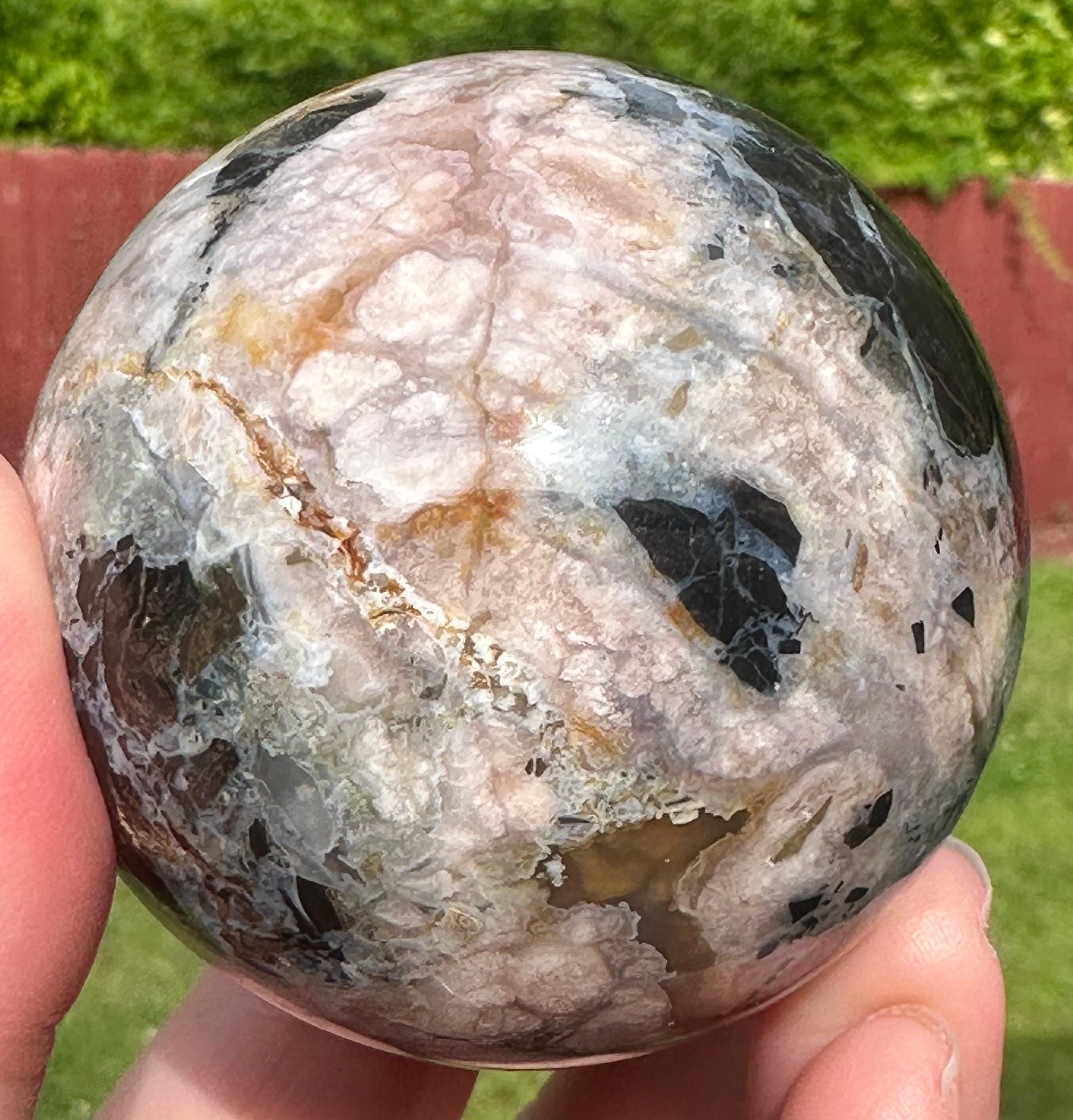 231 Grams Mosaic Like Black Flower Agate Sphere from Madagascar