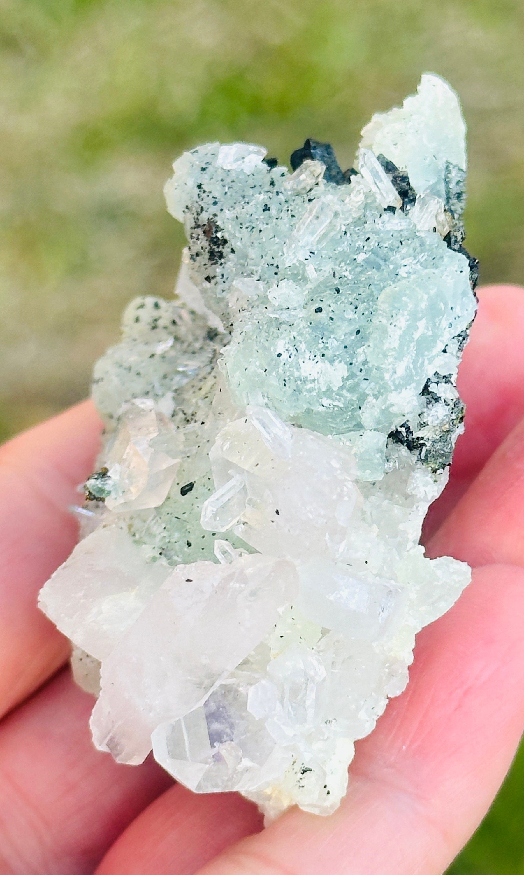 90 Grams of Babingtonite on Prehnite and ET and DT Clear Quartz Points from Qiaojia, Yunnan Province, China