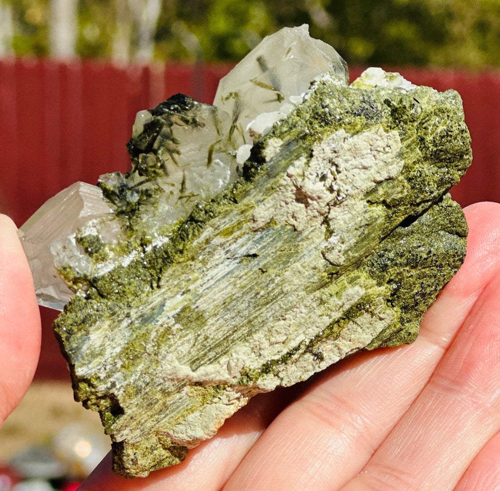 123 Grams Beautiful Green Epidote Crystal On/Inside Quartz Cluster from Pakistan