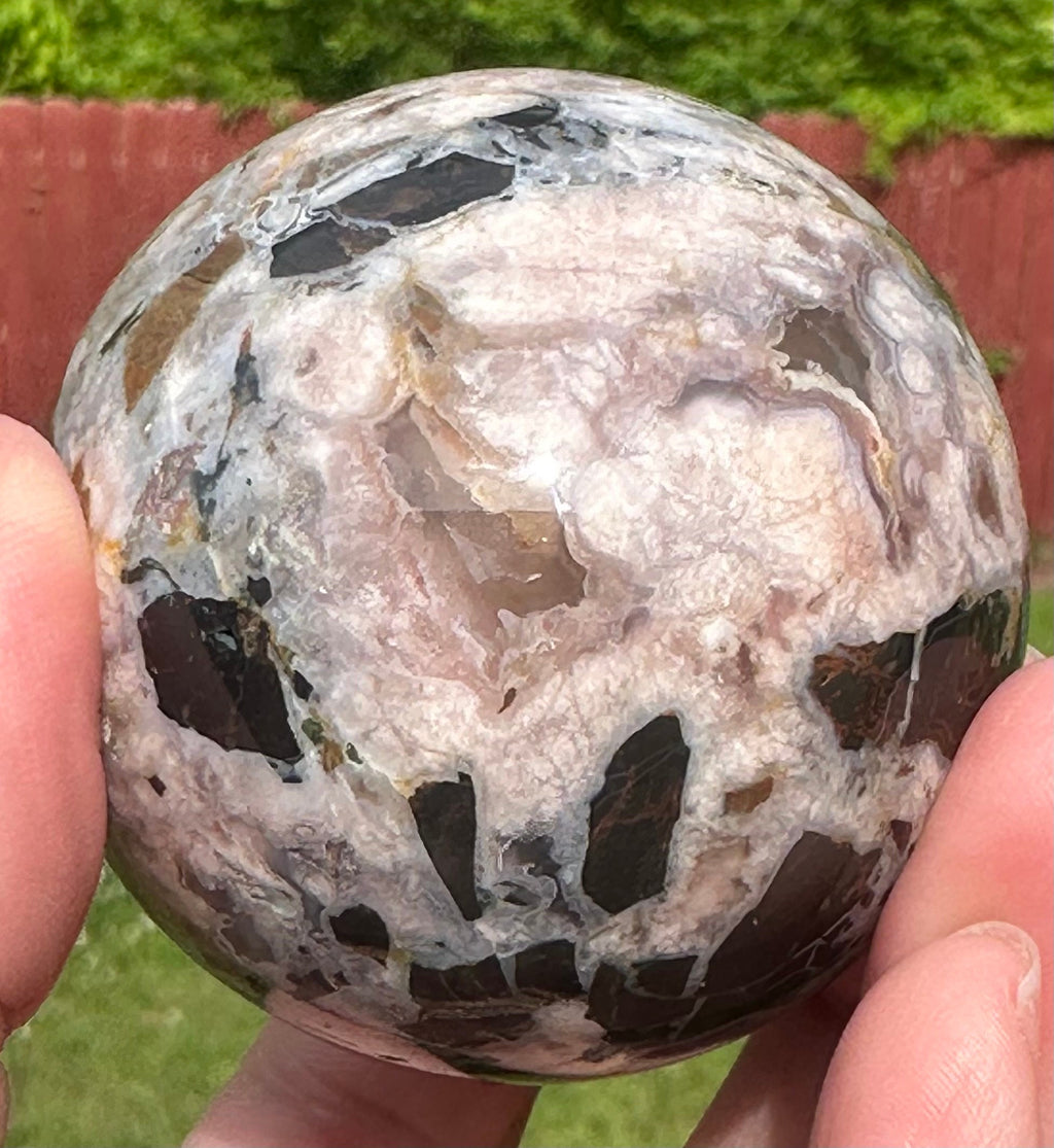231 Grams Mosaic Like Black Flower Agate Sphere from Madagascar
