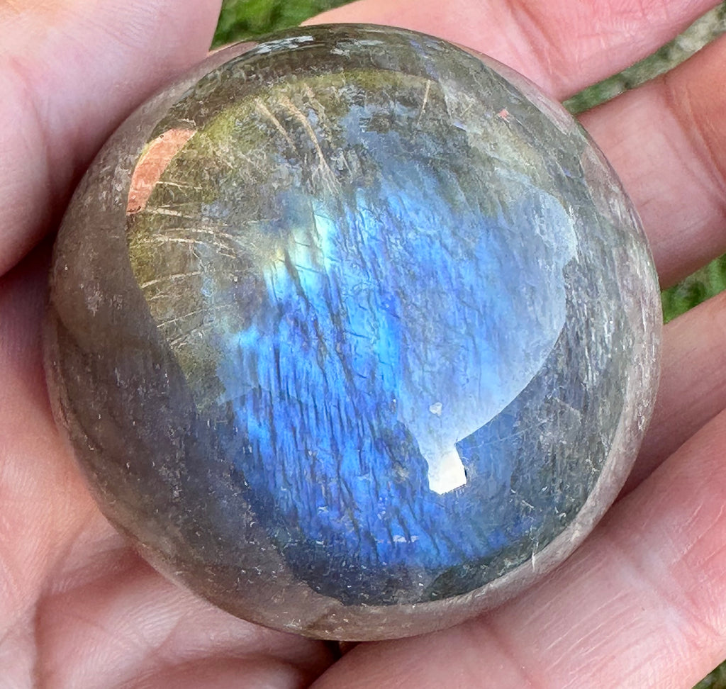 Black Moonstone Sphere with Blue Flash & Rainbow Fire, Madagascar