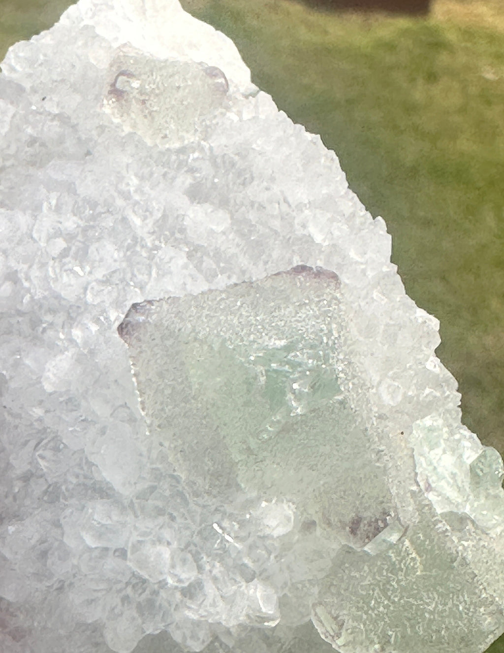 127 Grams Beautiful Light Green Octahedron with Purple Phantoms over White Quartz