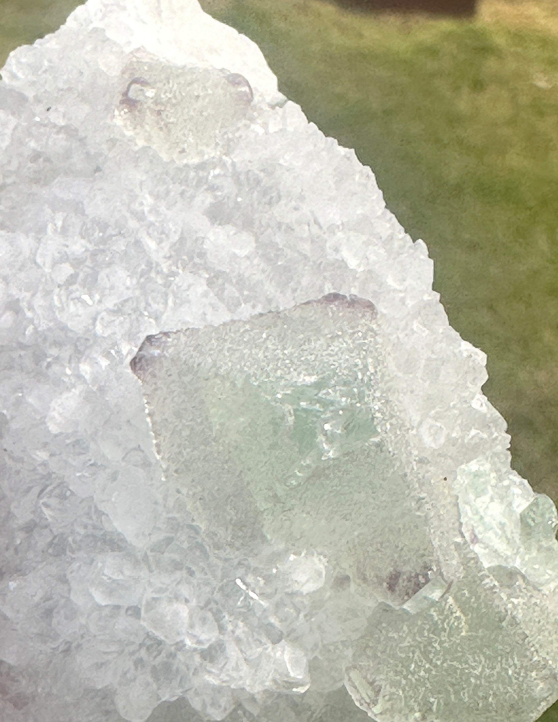 127 Grams Beautiful Light Green Octahedron with Purple Phantoms over White Quartz