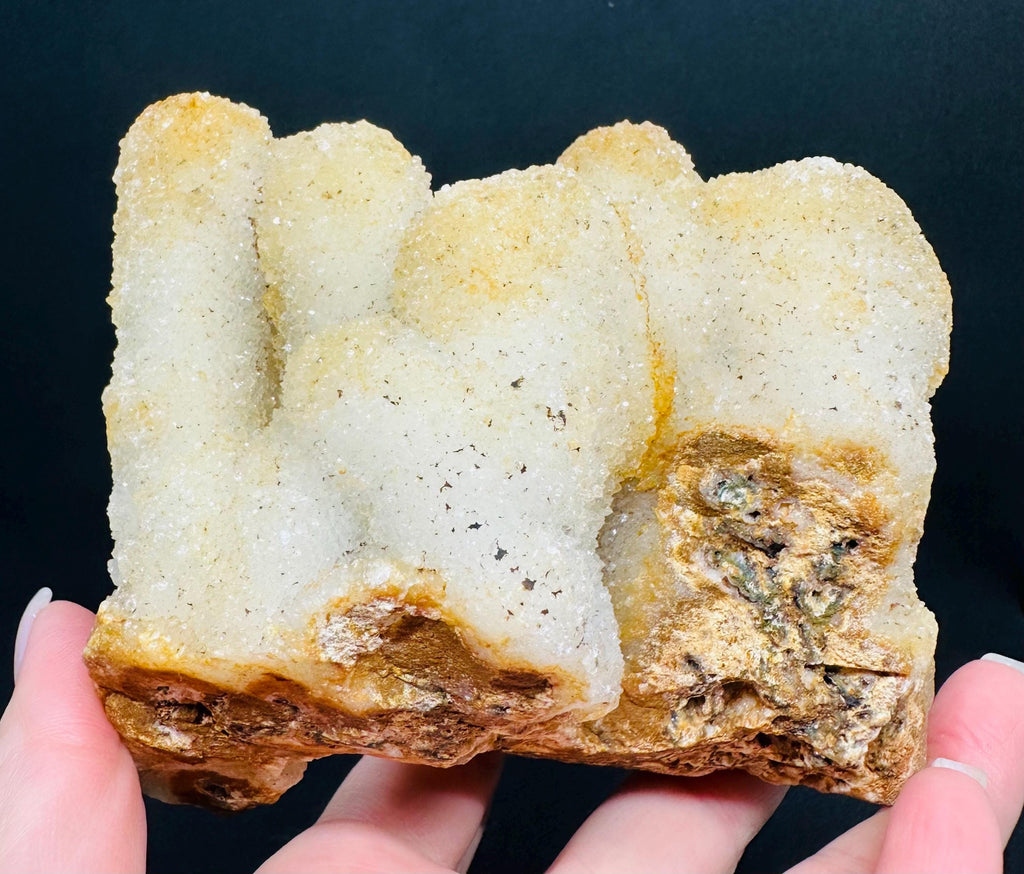 689 Grams Sparkly White Chalcedony Stalactite Cluster with Orange Zoning from Morocco
