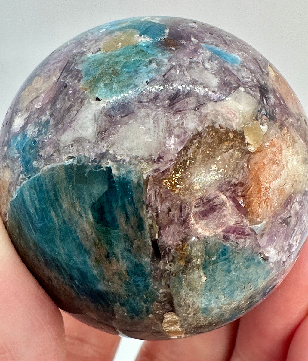 Blue Apatite, Lepidolite Mica & Arusha Quartz Composite Sphere