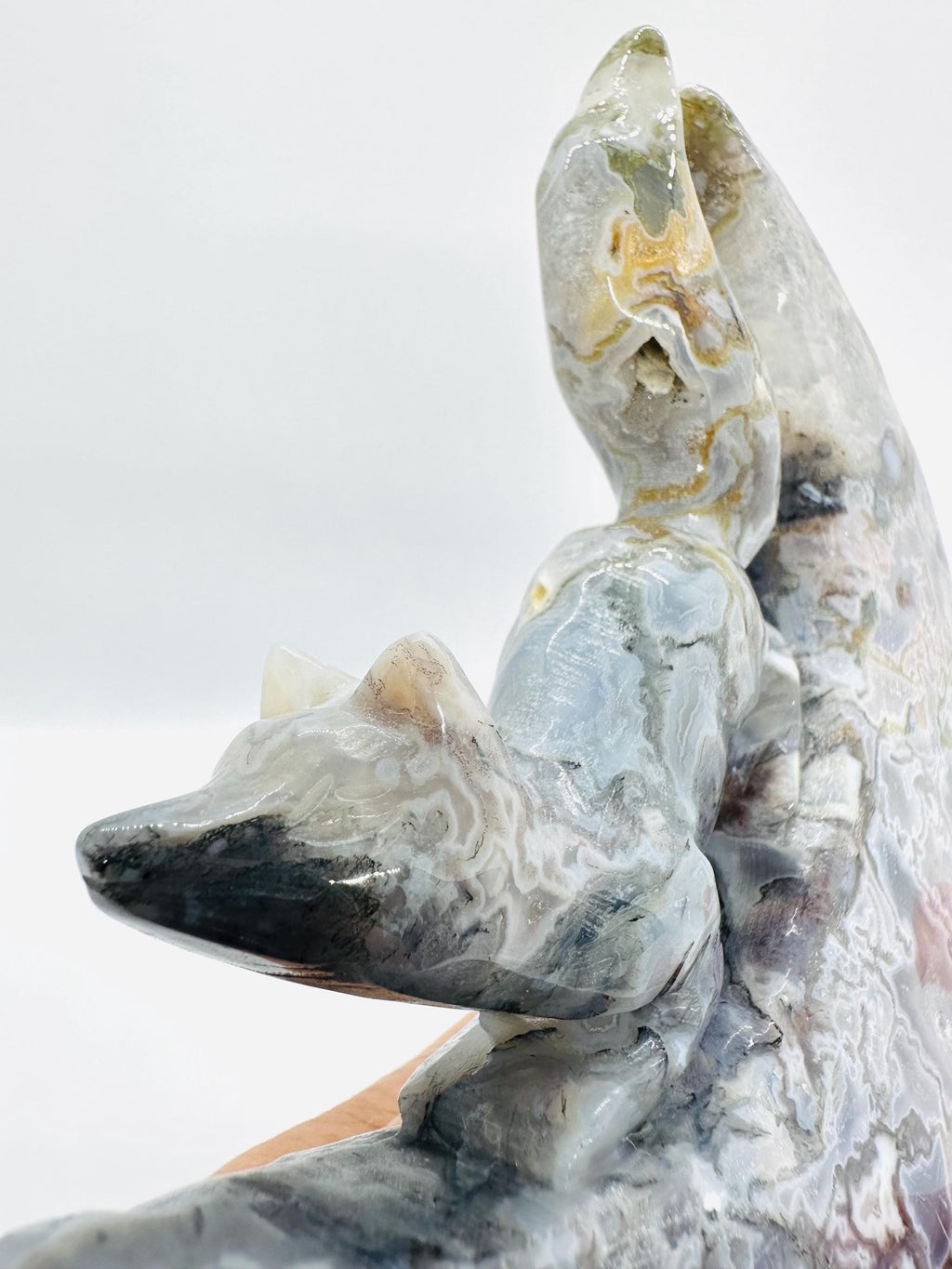 683 Grams One of a Kind Whimsical Wisdom: Fox in the Moon Colorful Moss Agate Carving