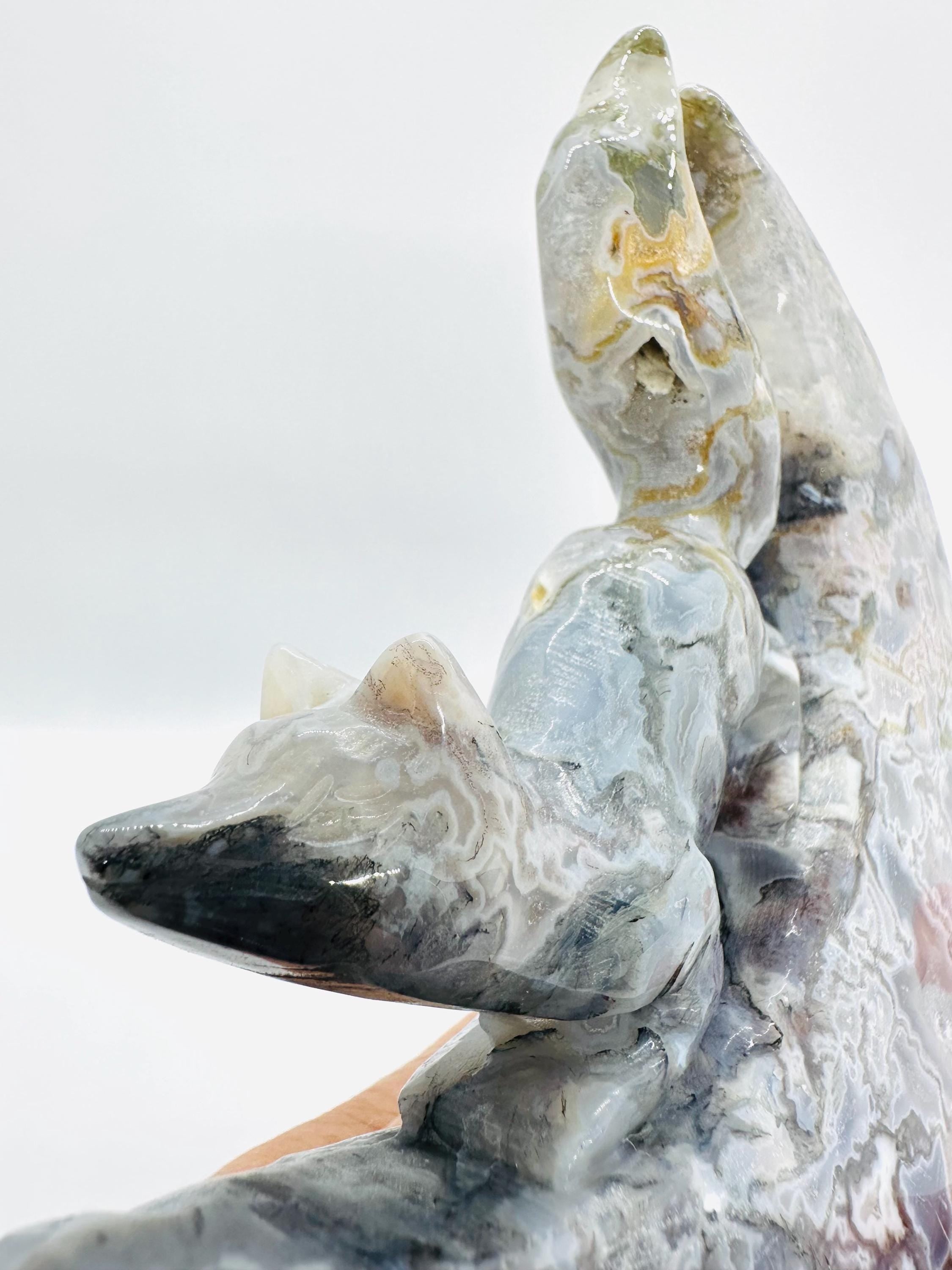 683 Grams One of a Kind Whimsical Wisdom: Fox in the Moon Colorful Moss Agate Carving