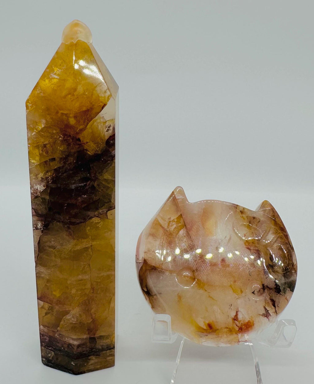 Golden Healer & Fire Quartz Crystal Duo - Point and Cat mini Bowl Set