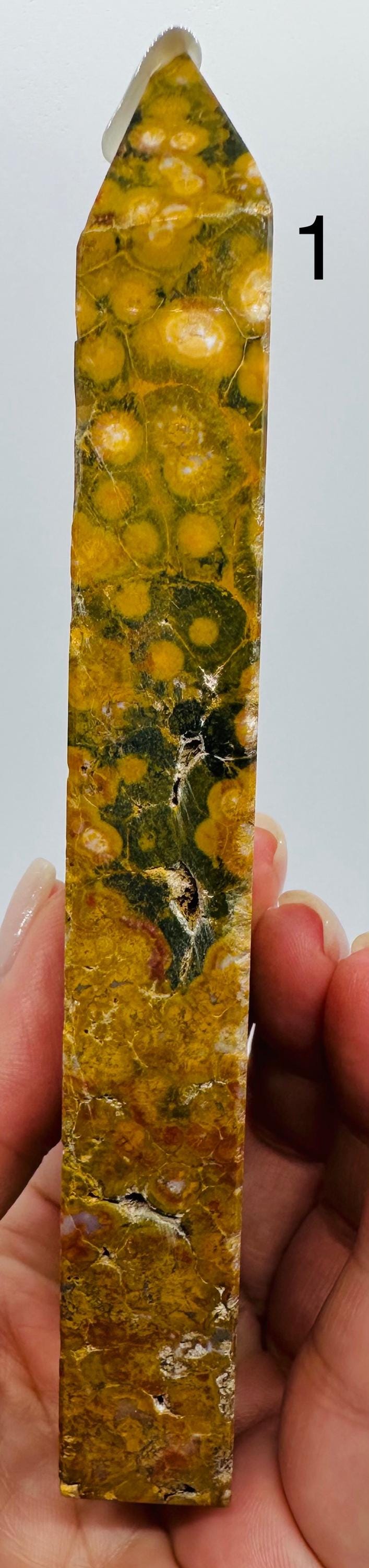 Sun-Kissed Serenity: Rare Yellow Kambaby Ocean Jasper Tower with Green, Pink and  White Zones