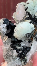 90 Grams of Babingtonite on Prehnite and ET and DT Clear Quartz Points from Qiaojia, Yunnan Province, China