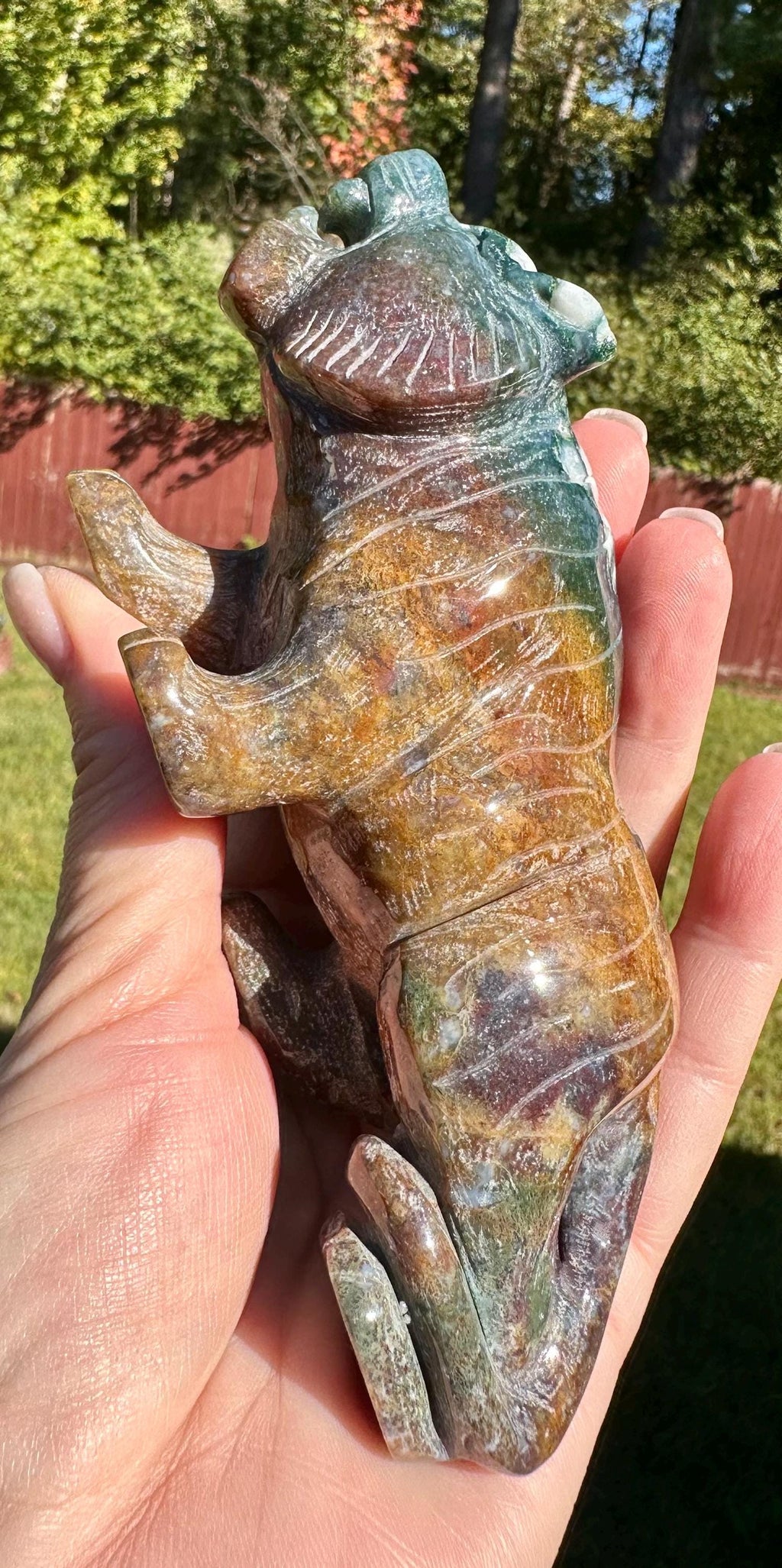 383 grams Captivating Colorful Moss Agate Tiger Carving from India