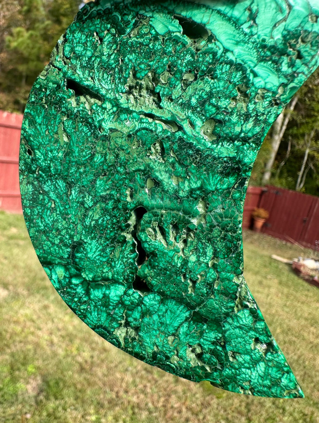 225 grams Gorgeous Malachite Crescent Moon with metal stand