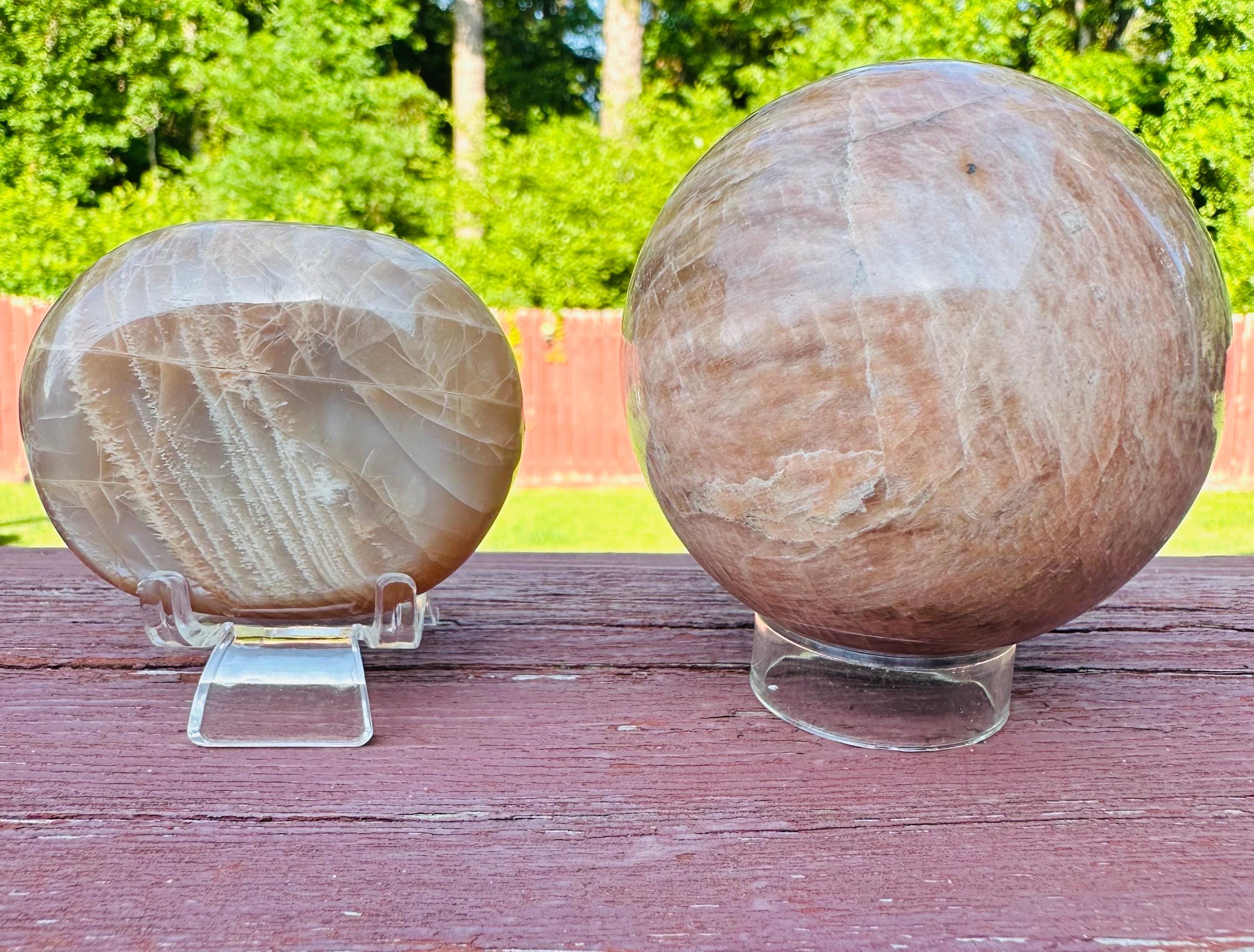 509 Grams of Harmonious Duo: Peach Moonstone Sphere & Flashing Palm Stone Set
