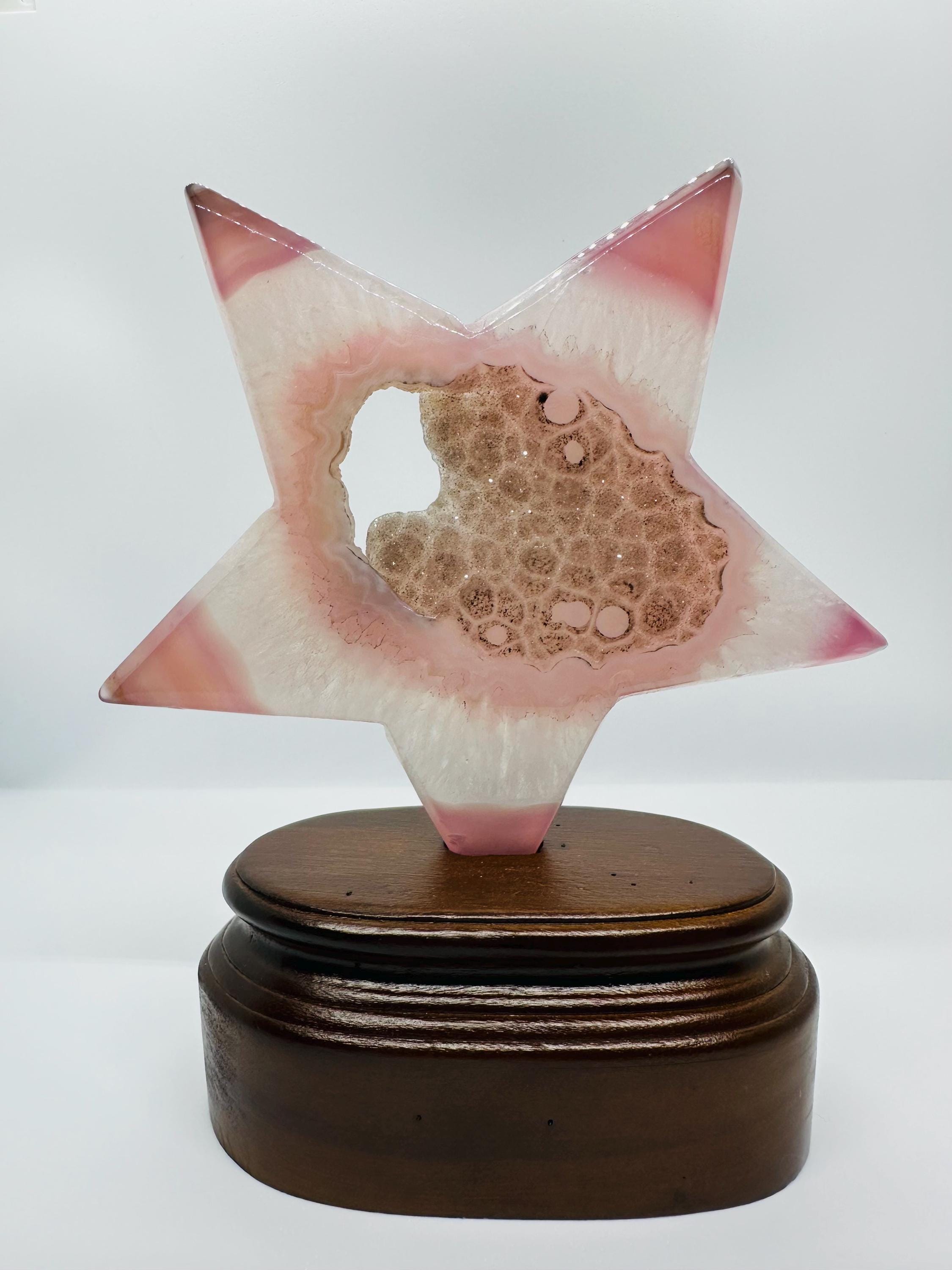 275 Grams Sparkling Pink Agate Star with Druzy & NATURAL Hollandite Stars! (with custom wooden stand)