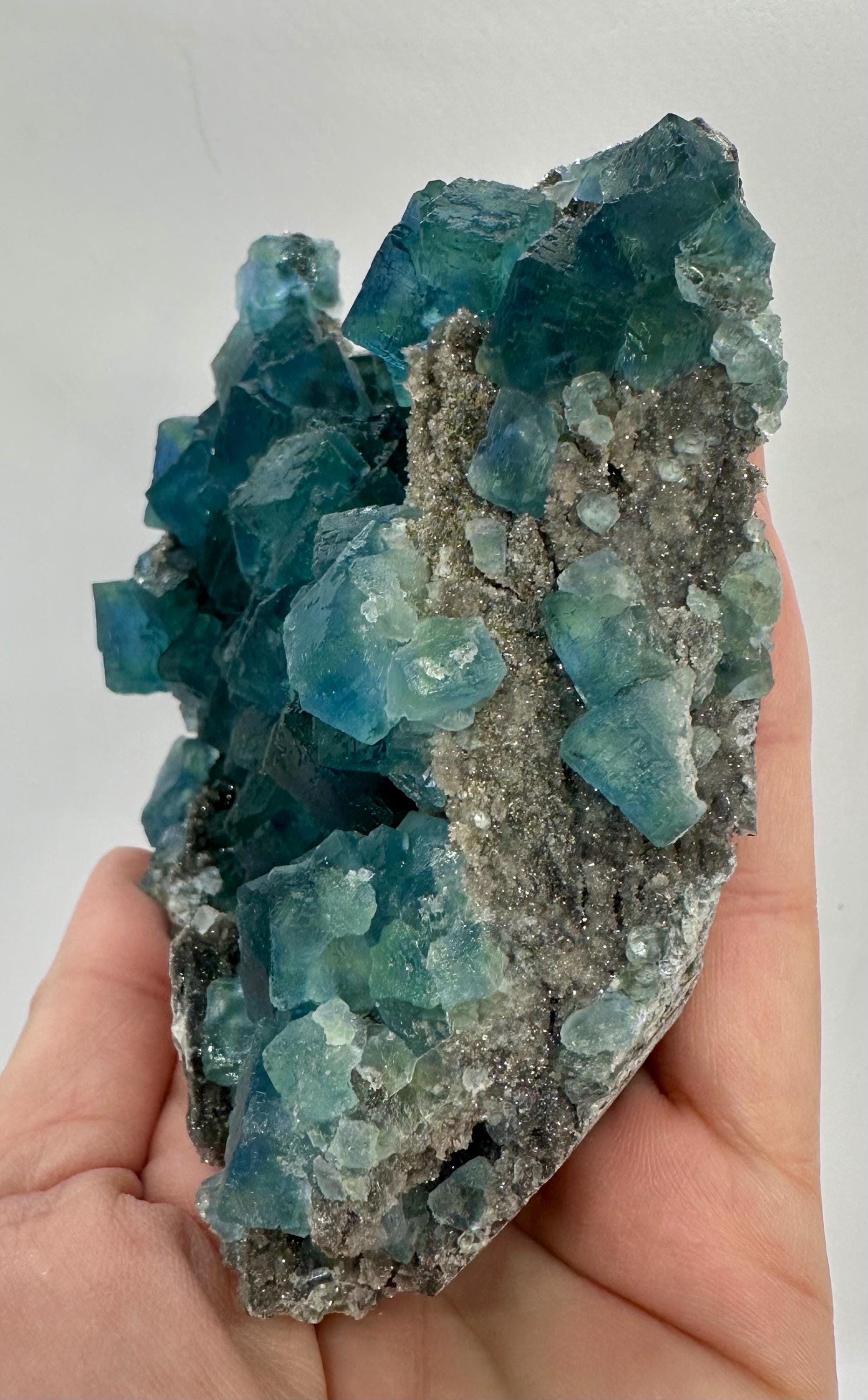 615 Grams Pristine Blue–Green Zoned Fluorite Cluster on Sparkly Granular Quartz — With Etched Cubic Faces Quartz from Hunan Province, China