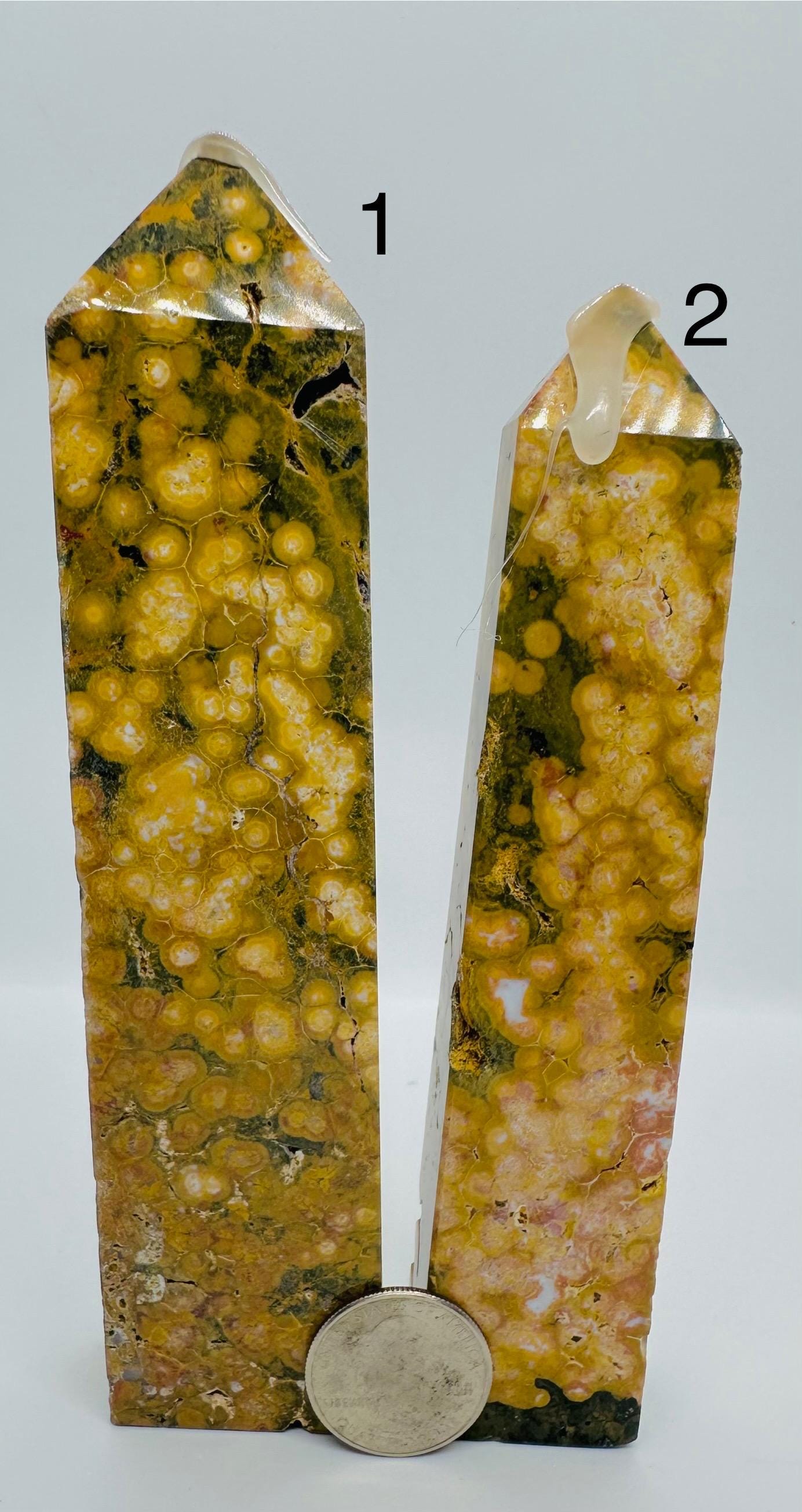 Sun-Kissed Serenity: Rare Yellow Kambaby Ocean Jasper Tower with Green, Pink and  White Zones