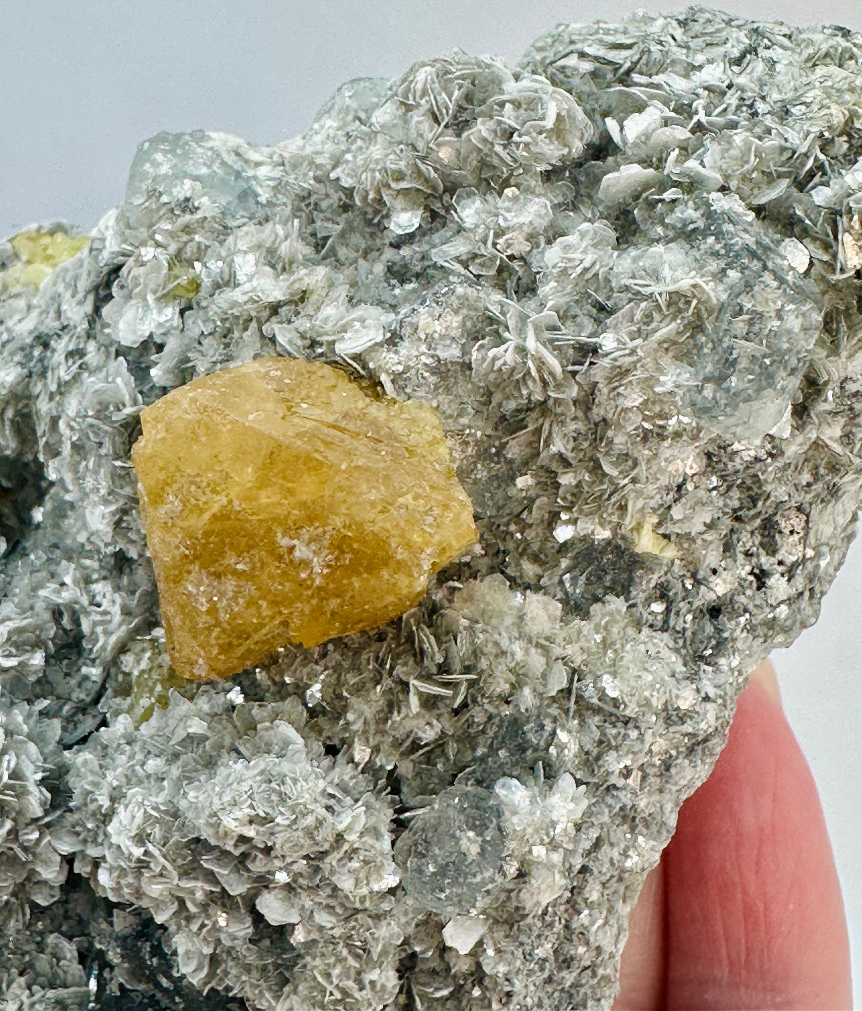 Clear Aquamarine, Golden Scheelite, and Silvery Muscovite from Mt. Xuebaoding, Pingwu County, Sichuan, China