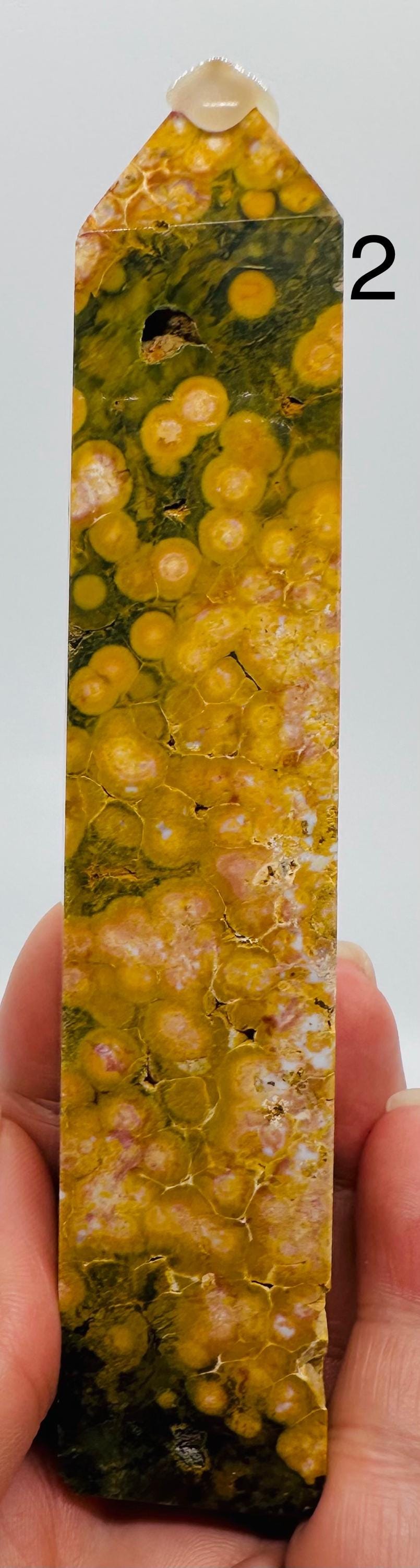 Sun-Kissed Serenity: Rare Yellow Kambaby Ocean Jasper Tower with Green, Pink and  White Zones