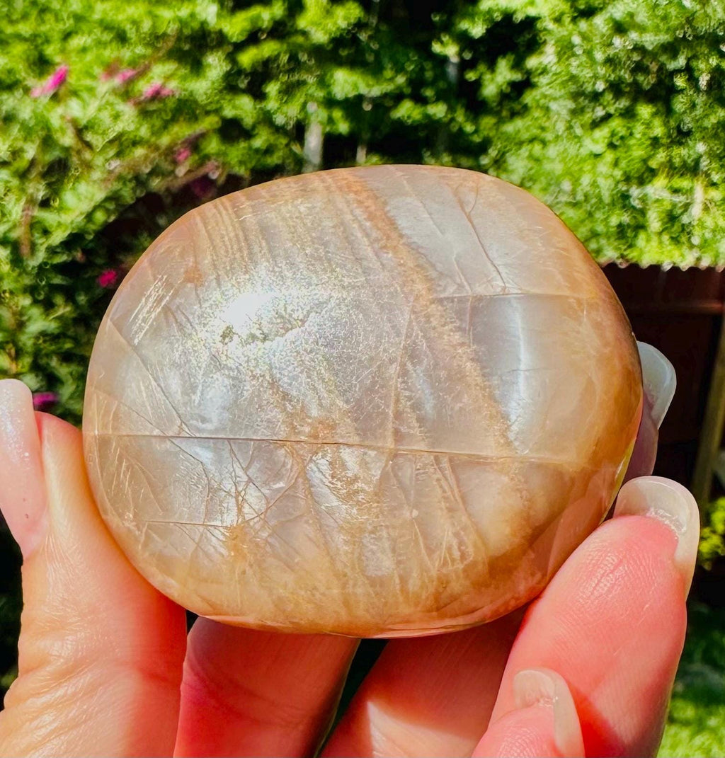 509 Grams of Harmonious Duo: Peach Moonstone Sphere & Flashing Palm Stone Set