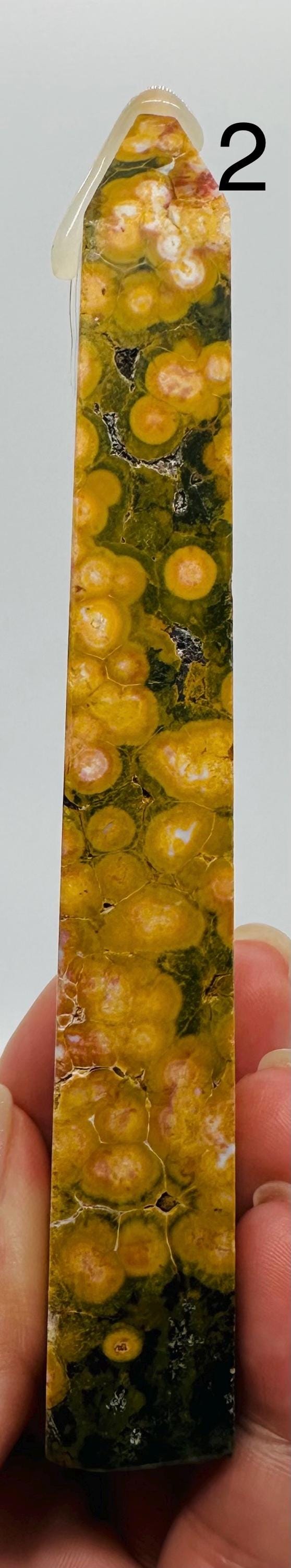 Sun-Kissed Serenity: Rare Yellow Kambaby Ocean Jasper Tower with Green, Pink and  White Zones