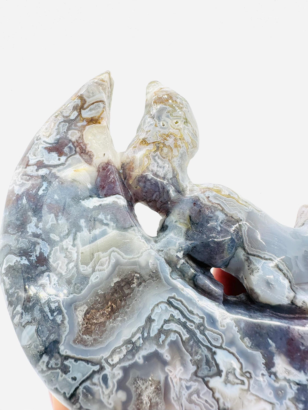 683 Grams One of a Kind Whimsical Wisdom: Fox in the Moon Colorful Moss Agate Carving