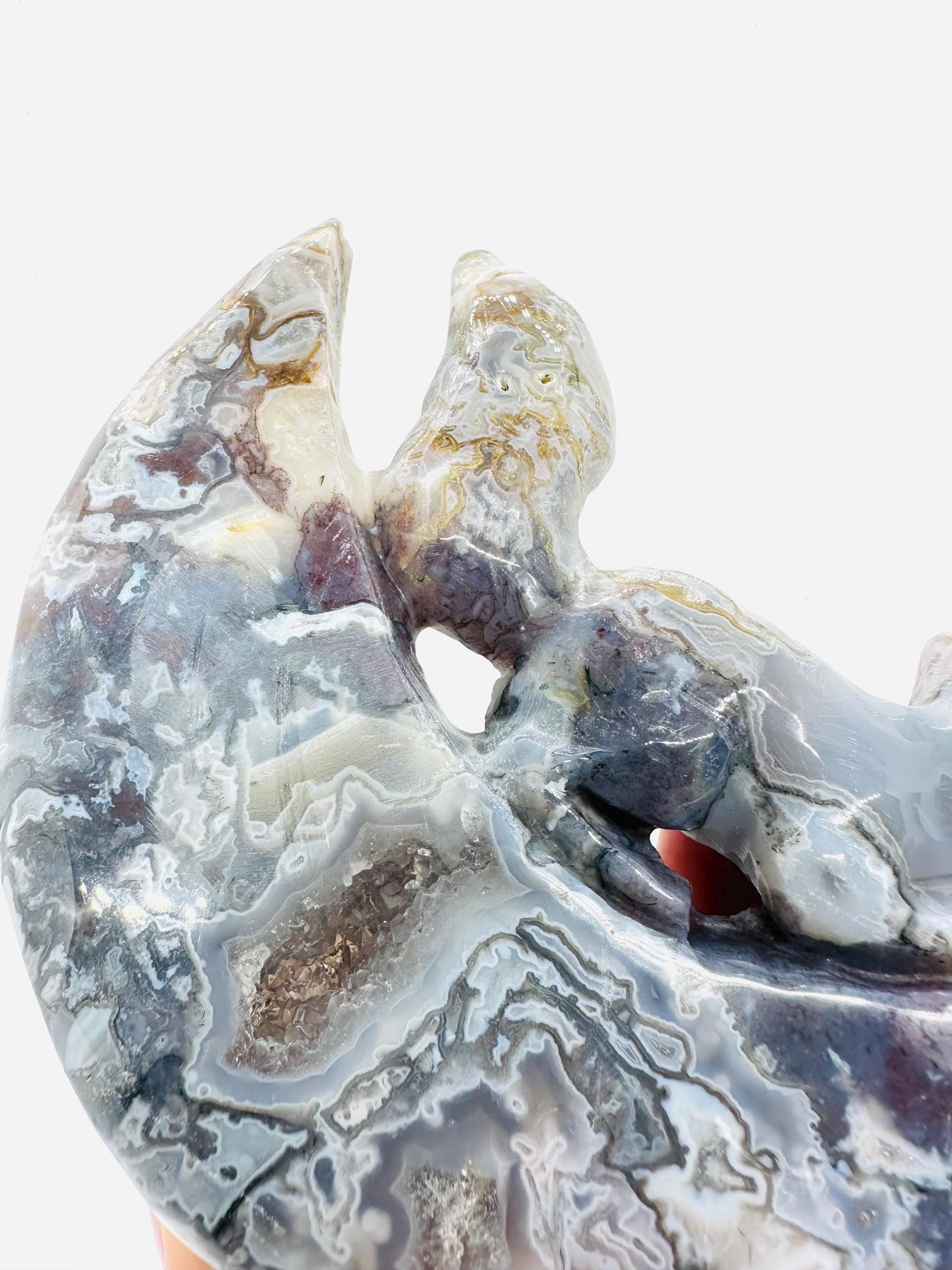 683 Grams One of a Kind Whimsical Wisdom: Fox in the Moon Colorful Moss Agate Carving