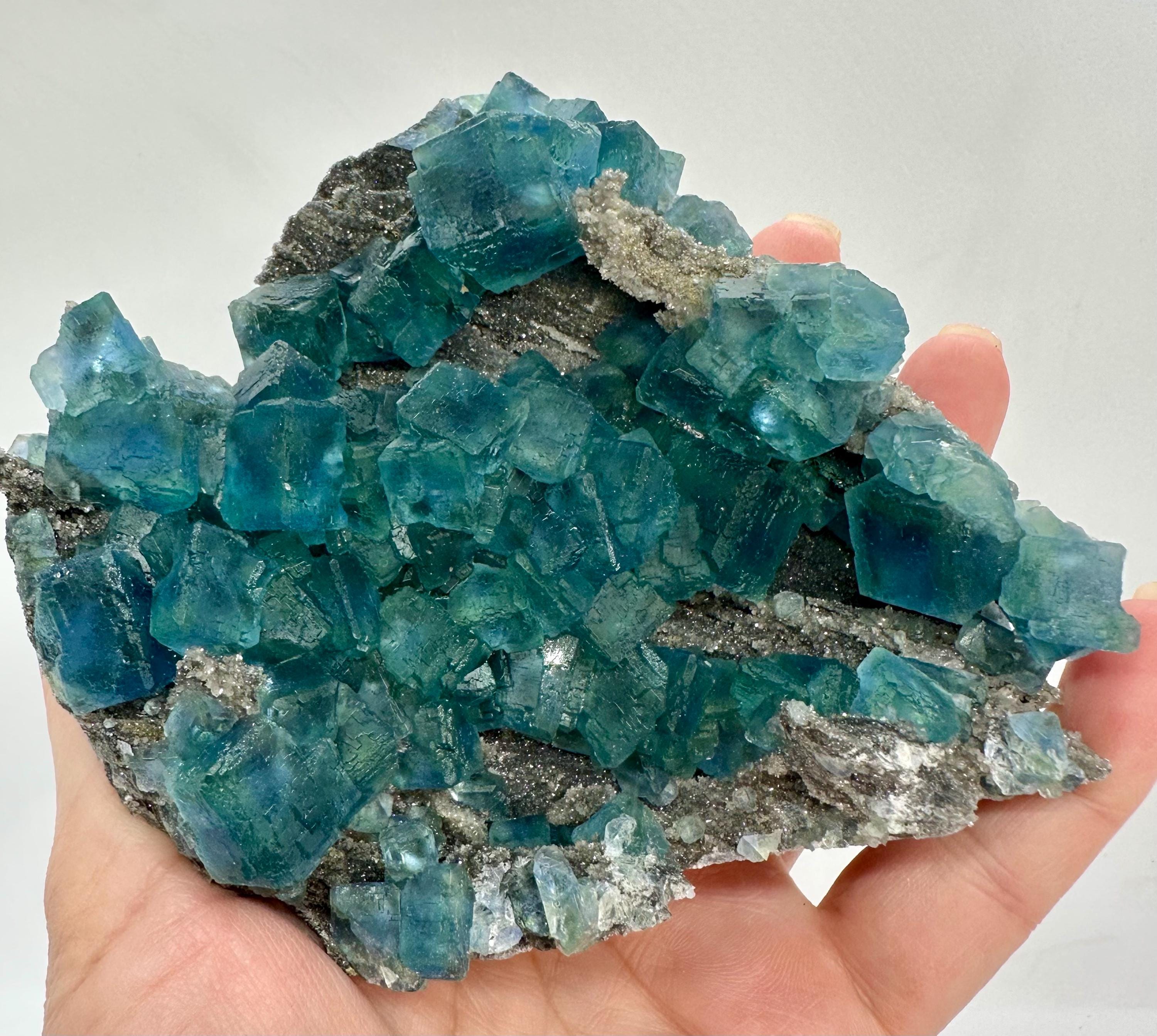 615 Grams Pristine Blue–Green Zoned Fluorite Cluster on Sparkly Granular Quartz — With Etched Cubic Faces Quartz from Hunan Province, China