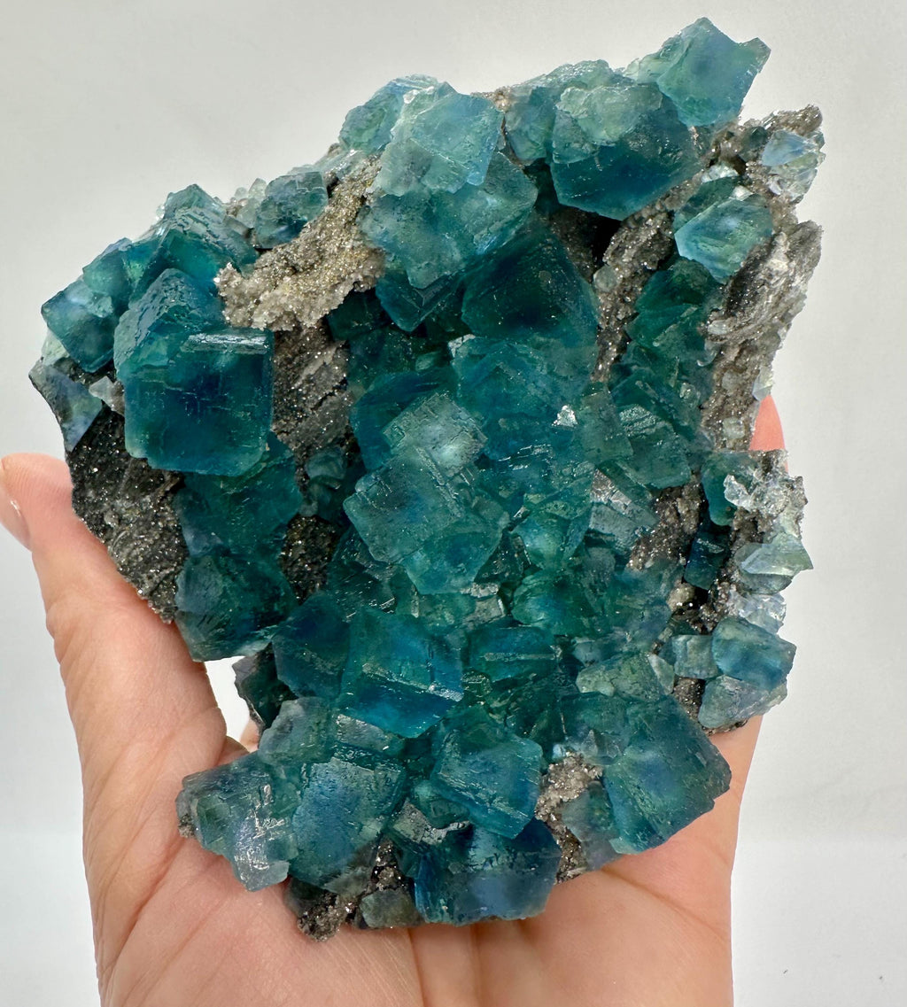 615 Grams Pristine Blue–Green Zoned Fluorite Cluster on Sparkly Granular Quartz — With Etched Cubic Faces Quartz from Hunan Province, China